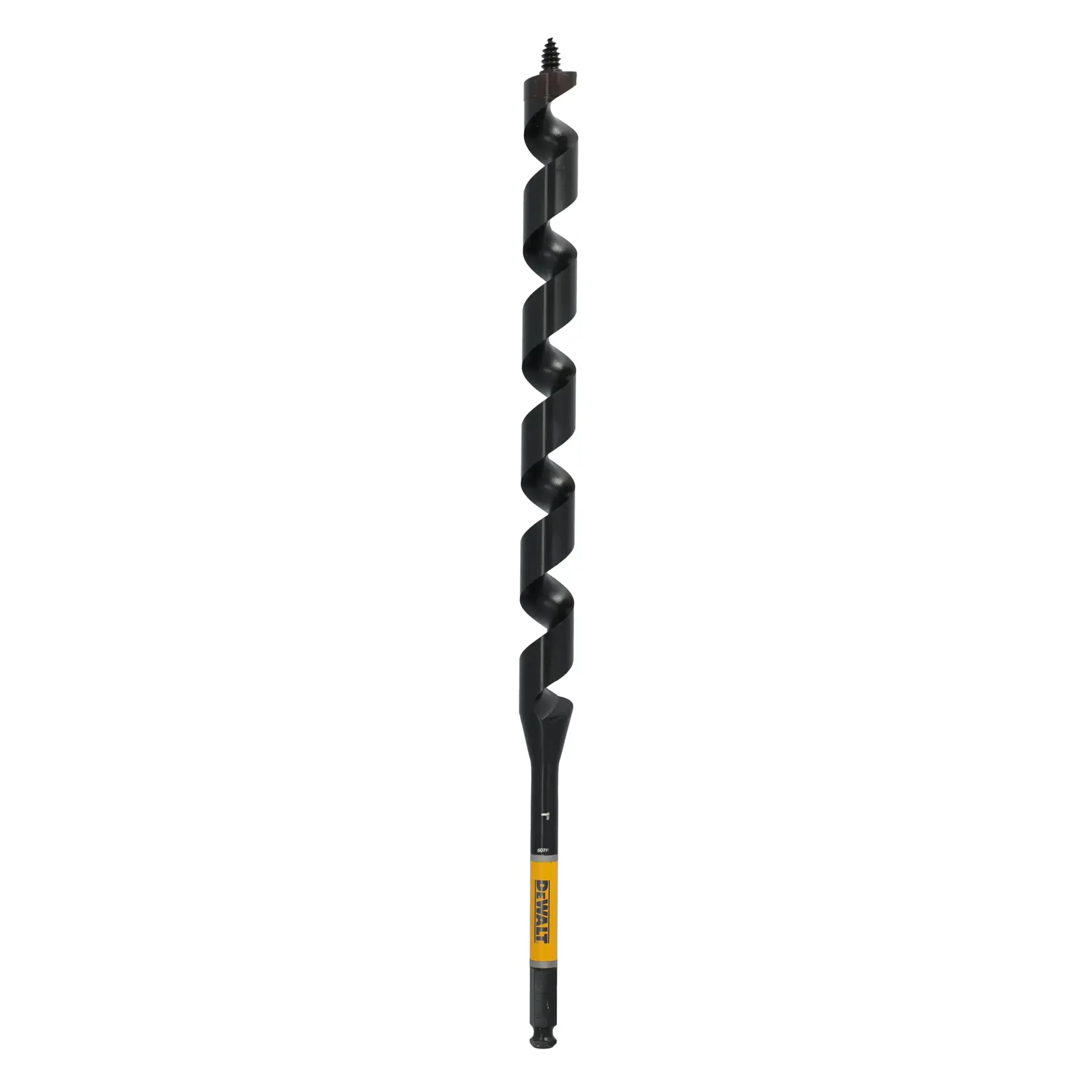 A DEWALT branded auger drill bit with a spiral design, intended for wood drilling. The bit is black with a yellow section near the base containing the brand label.