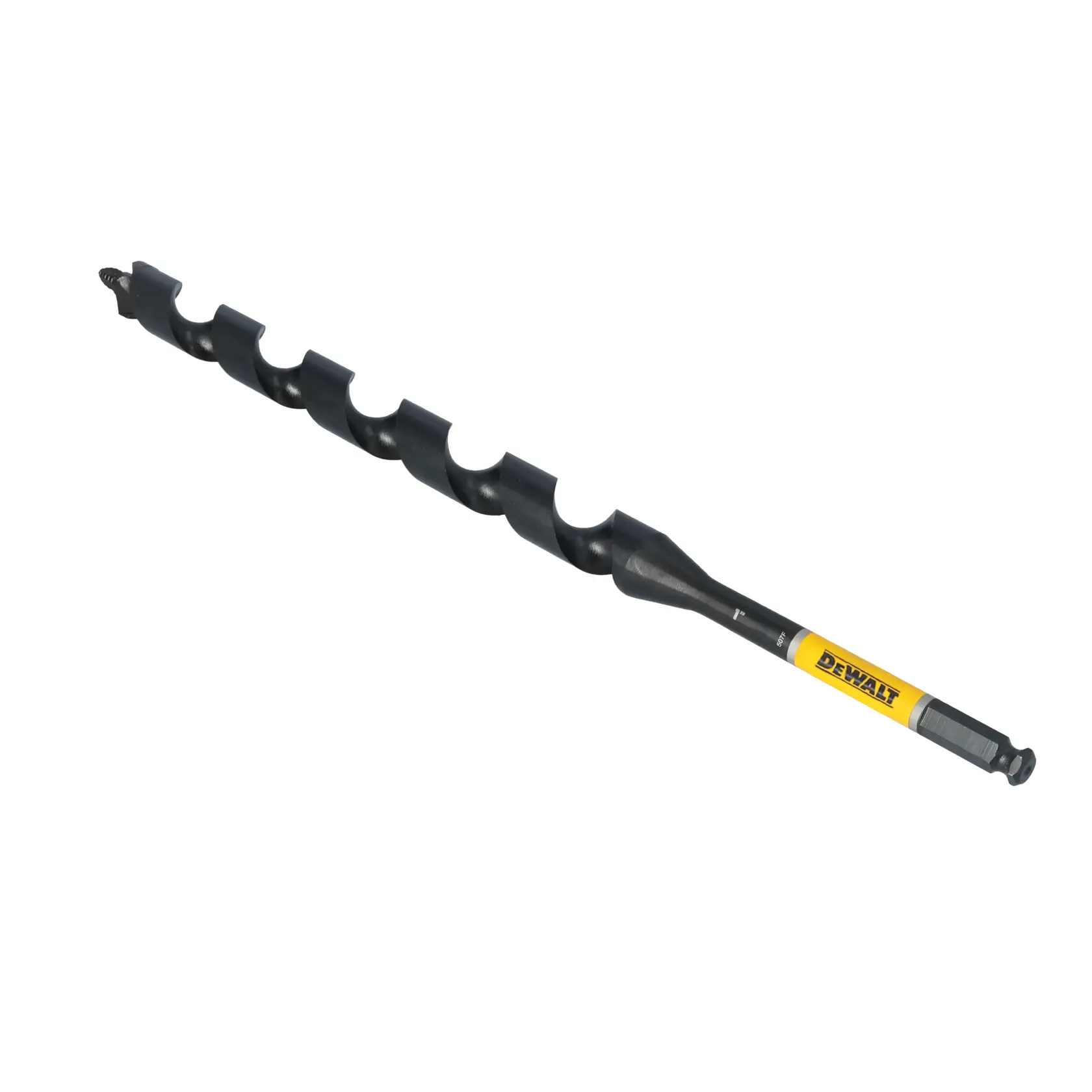 A DEWALT branded auger drill bit with a hex shank and spiral flute, designed for drilling into wood. The bit has a yellow label and black finish.