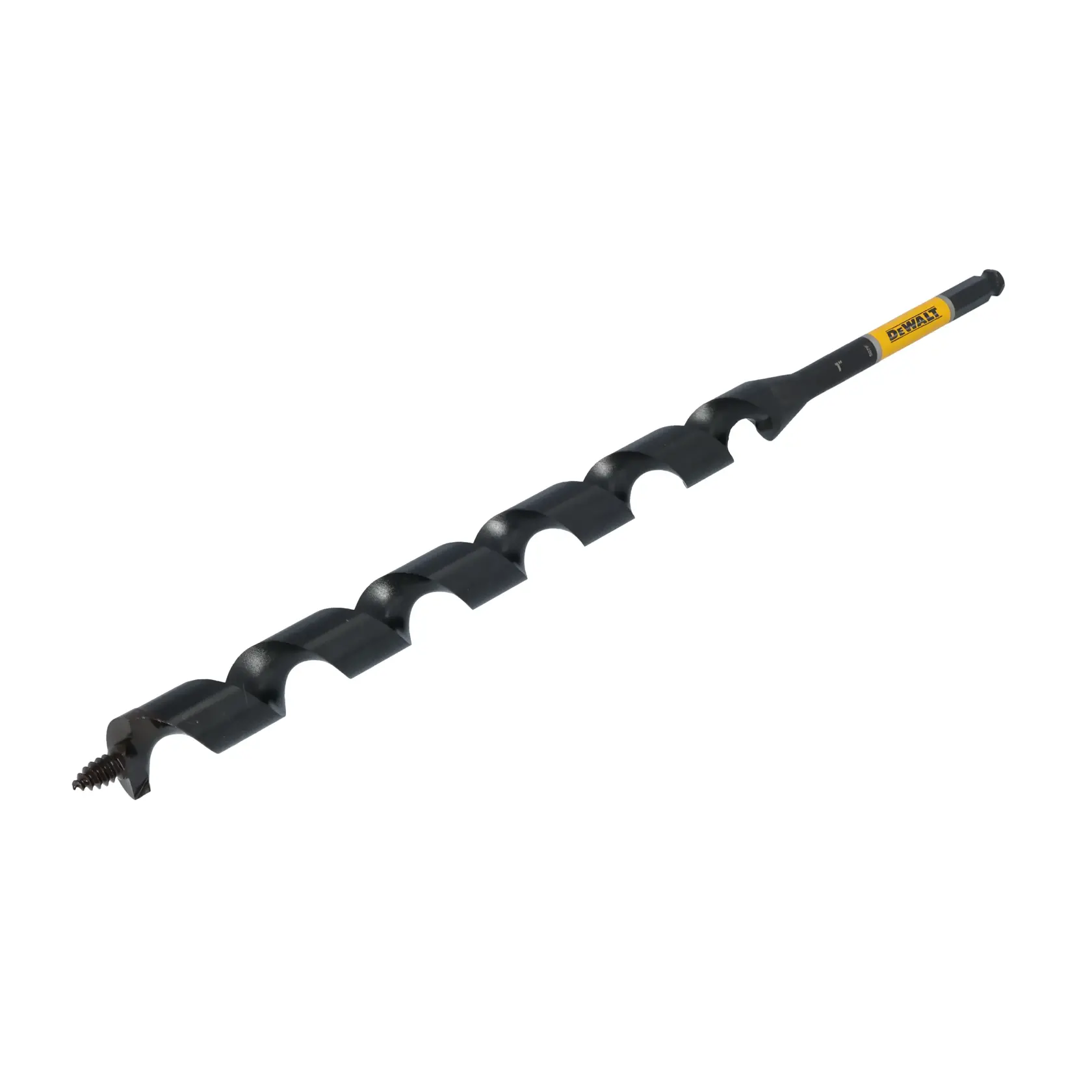 A DEWALT auger drill bit with a spiral design and a screw tip, designed for drilling into wood. The tool is black with a yellow DEWALT label near the shank.