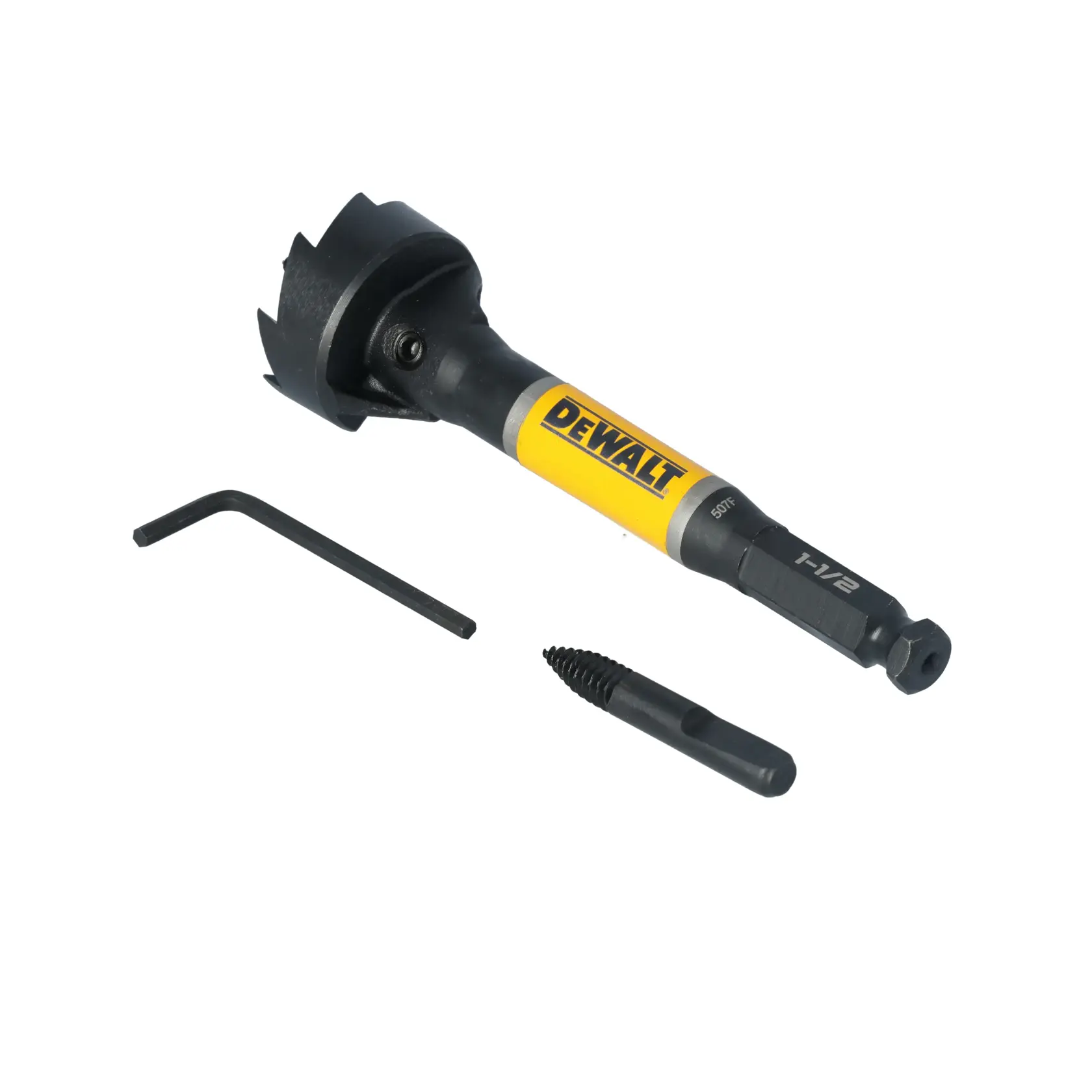 A DEWALT branded wood cutting hole saw set, consisting of a large hole saw drill bit, an Allen wrench, and a removable pilot bit, displayed on a white background.