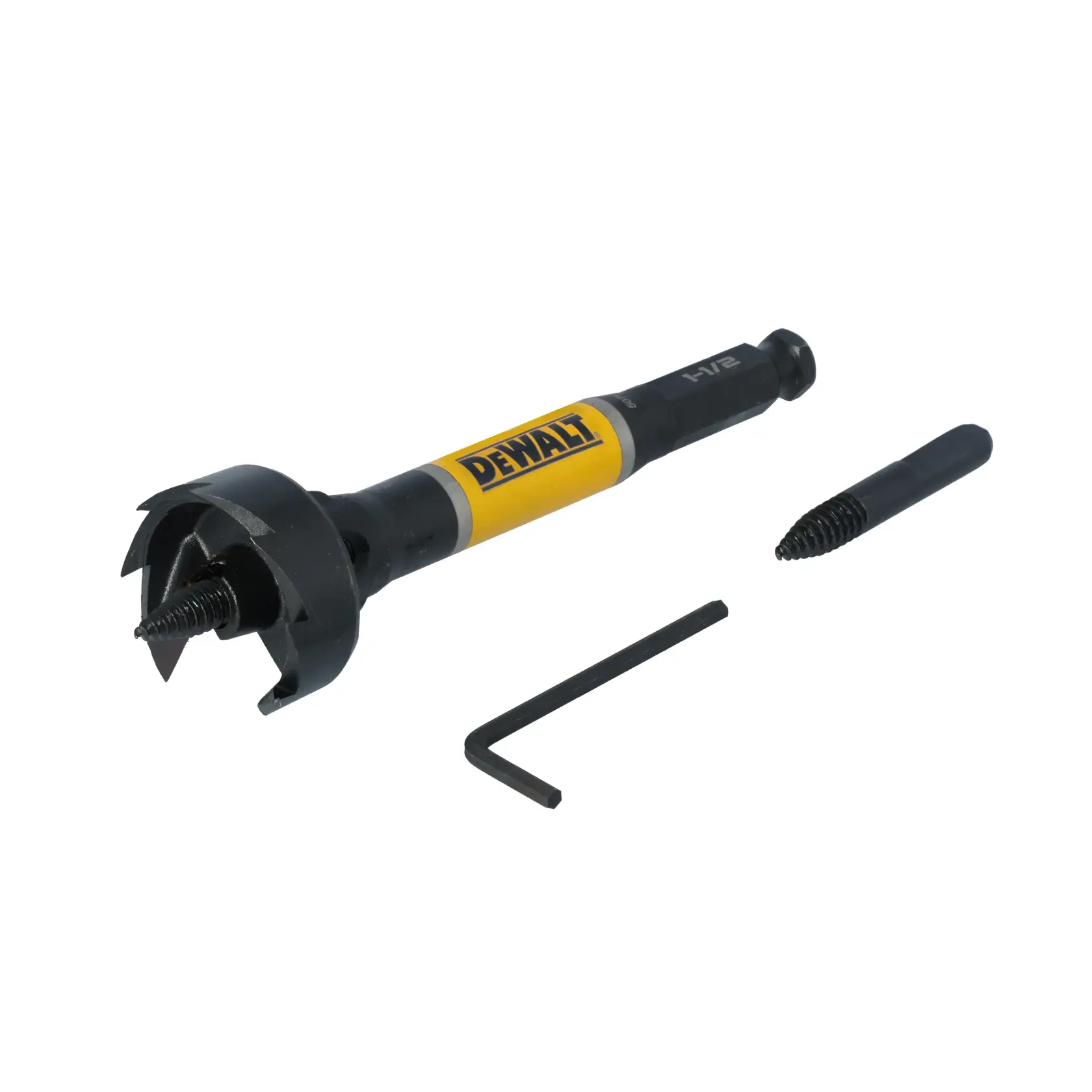 A DEWALT branded wood drill bit set, including a yellow and black spade bit with sharp edges, a replacement threaded tip, and a hex key, placed on a white background.