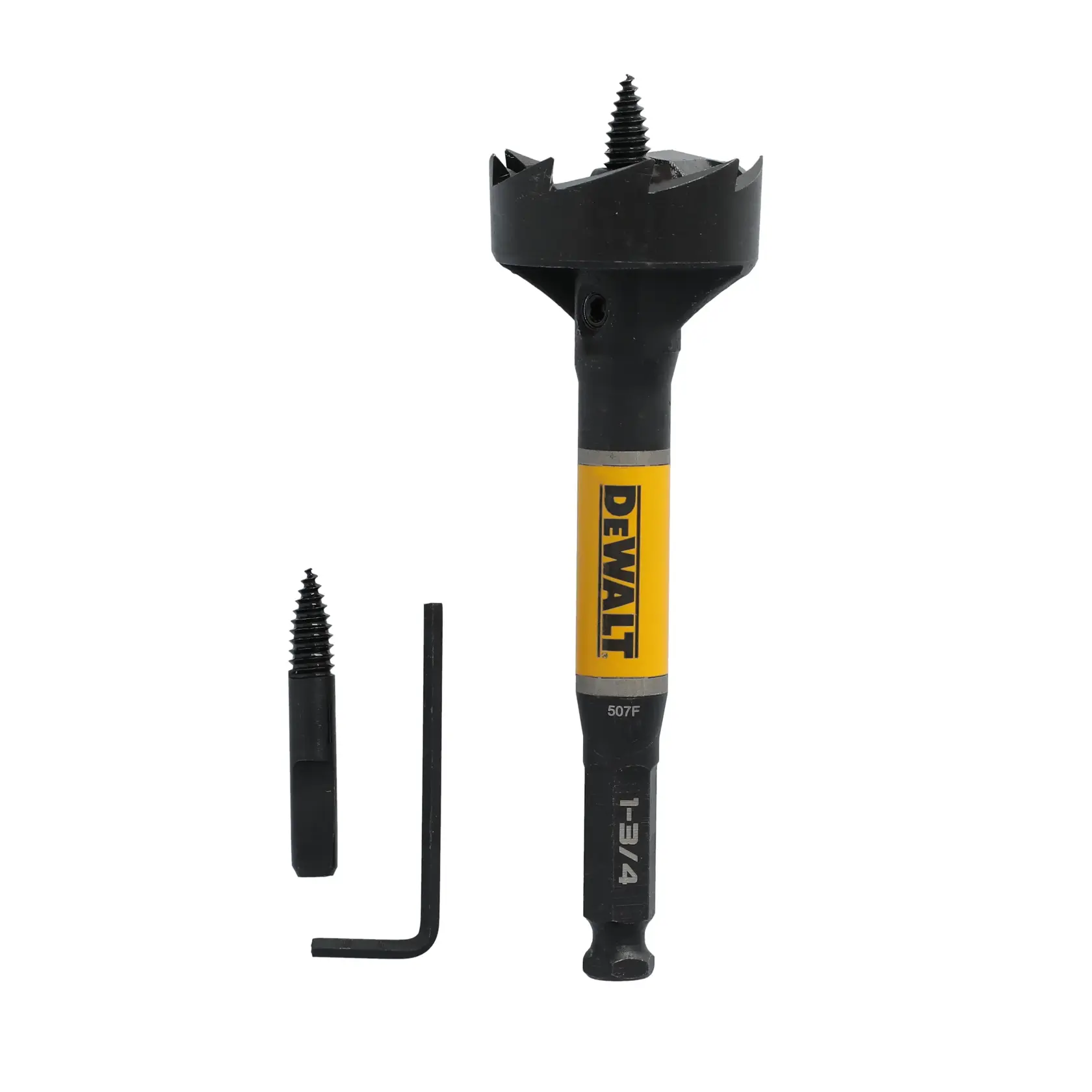 DEWALT wood boring drill bit set including a large drill bit with an interchangeable screw tip and hex key, shown on a white background.