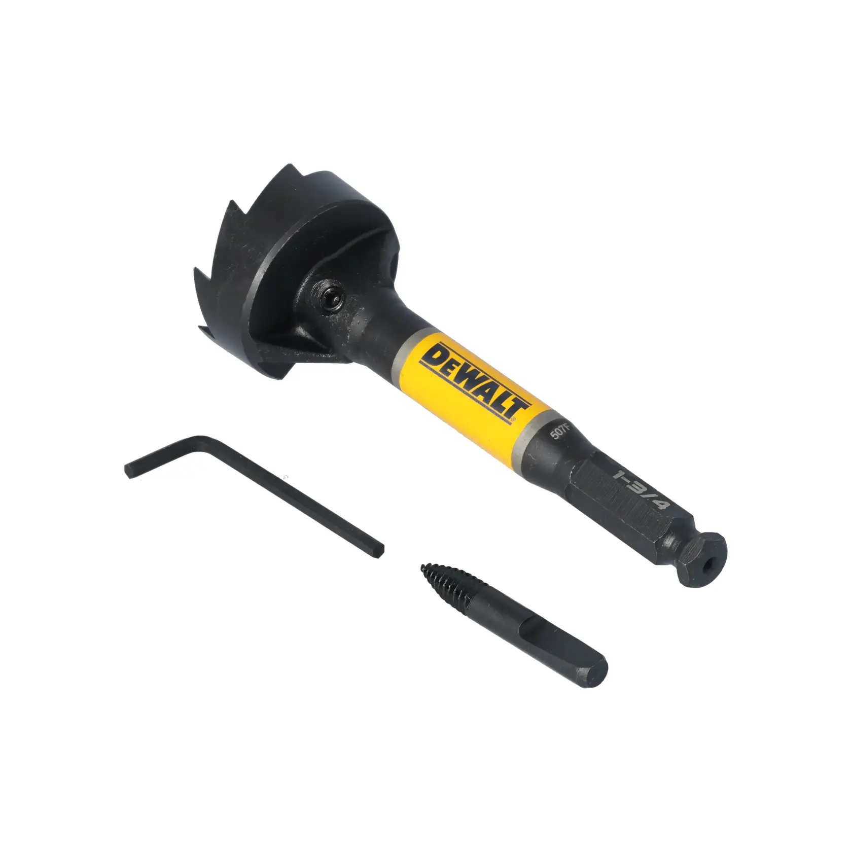 A DEWALT hole saw with a yellow handle, accompanied by a hex key and a drill bit, displayed on a white background.
