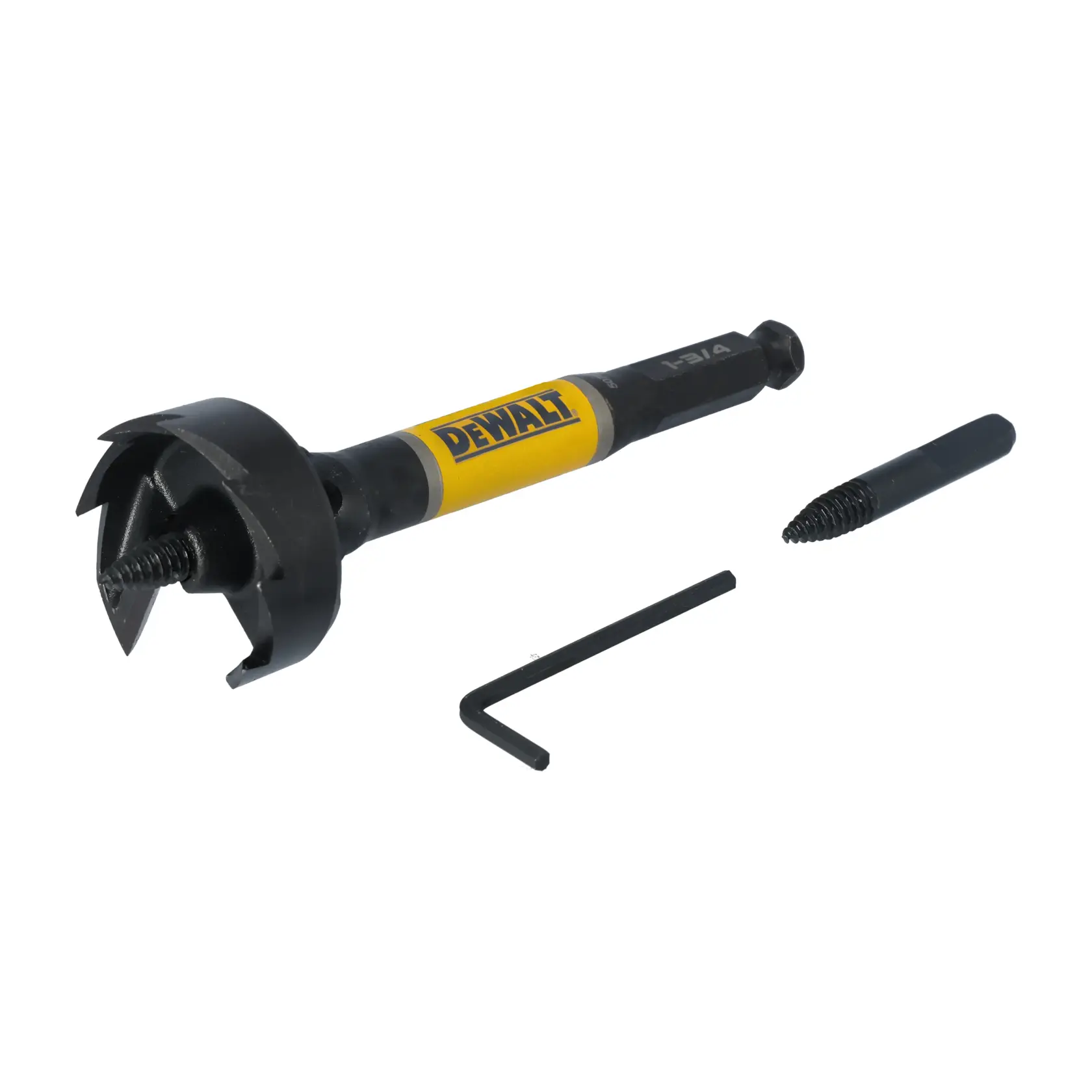 DEWALT wood drill bit set including a yellow and black drill bit with a spade cutter, a detachable screw tip, and an L-shaped hex key, shown on a white background.