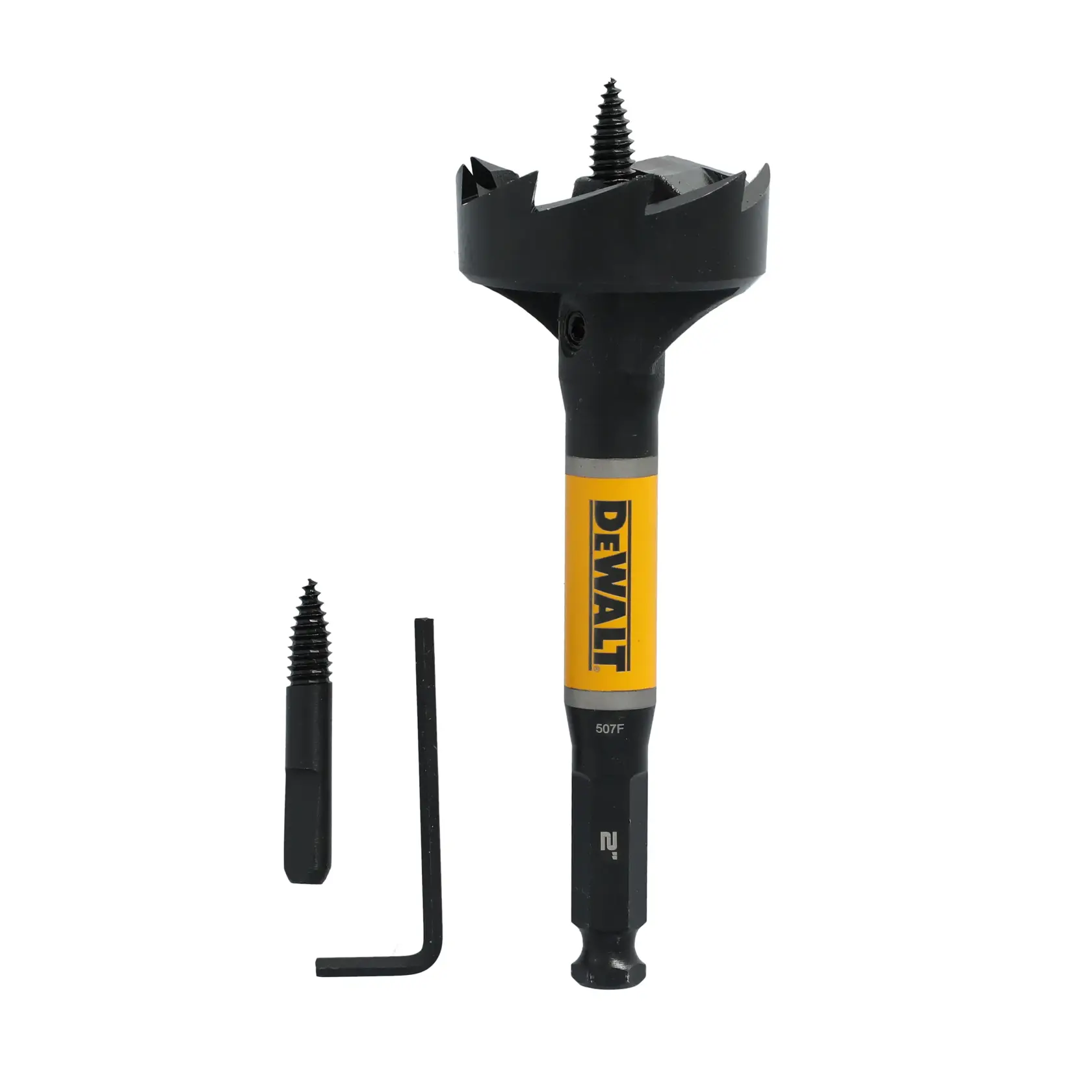 A DEWALT wood boring drill bit with replacement pilot screw and hex key. The drill bit features a yellow DEWALT label and has sharp cutting teeth.