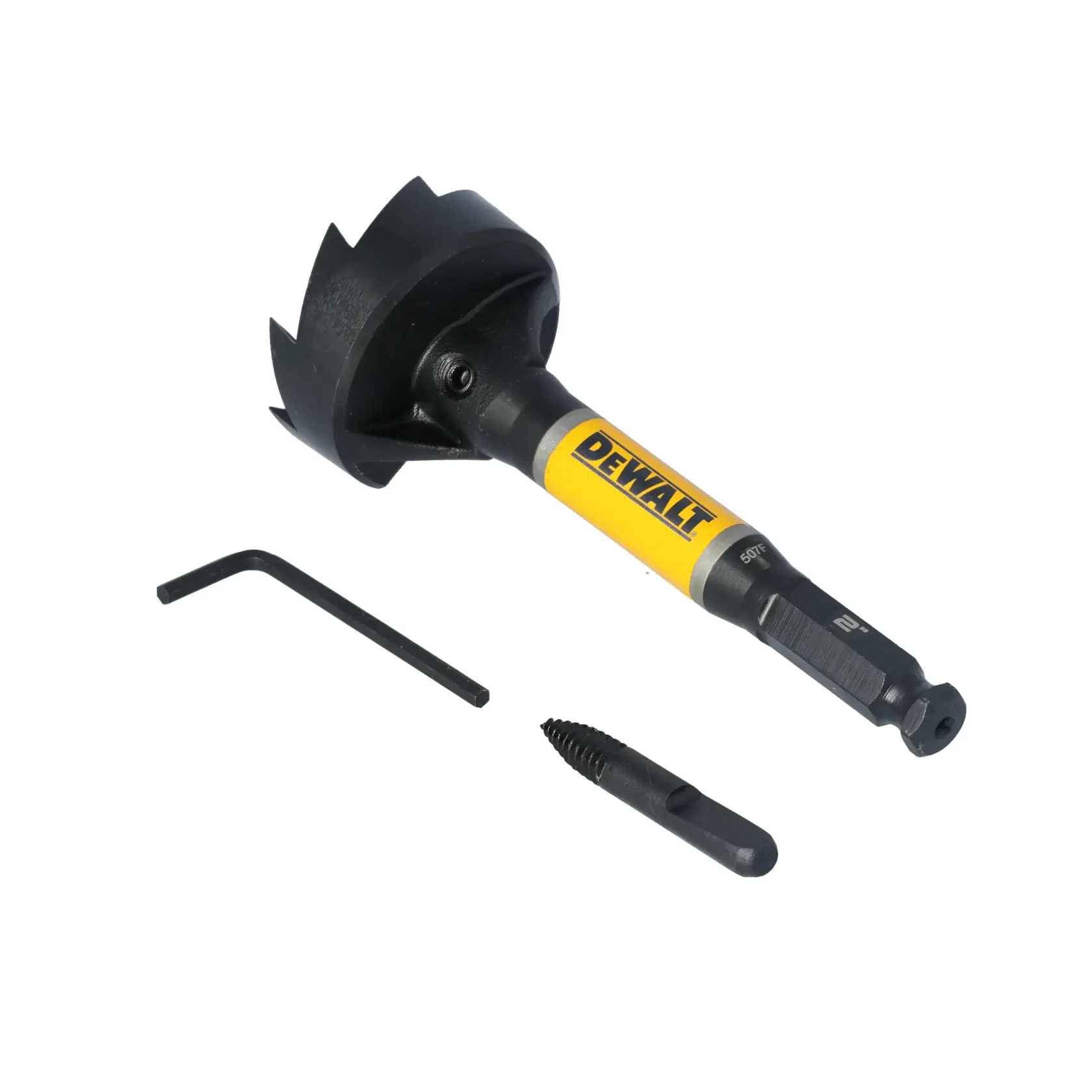 A DEWALT branded hole saw with a yellow and black handle, accompanied by a hex key and an additional drill bit, all placed on a white background.