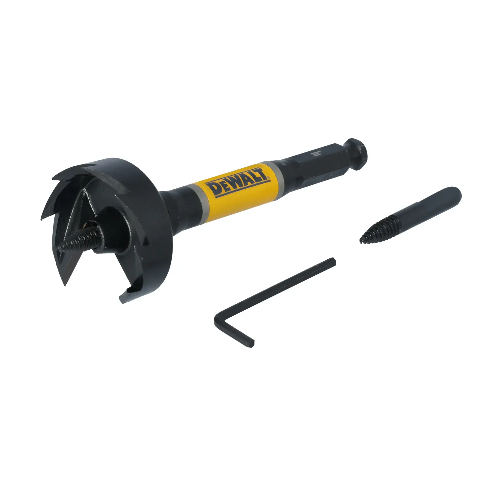 A DEWALT wood boring drill bit set, including a large center bit with a yellow label, an additional removable screw tip, and a hex key tool, all placed on a white background.