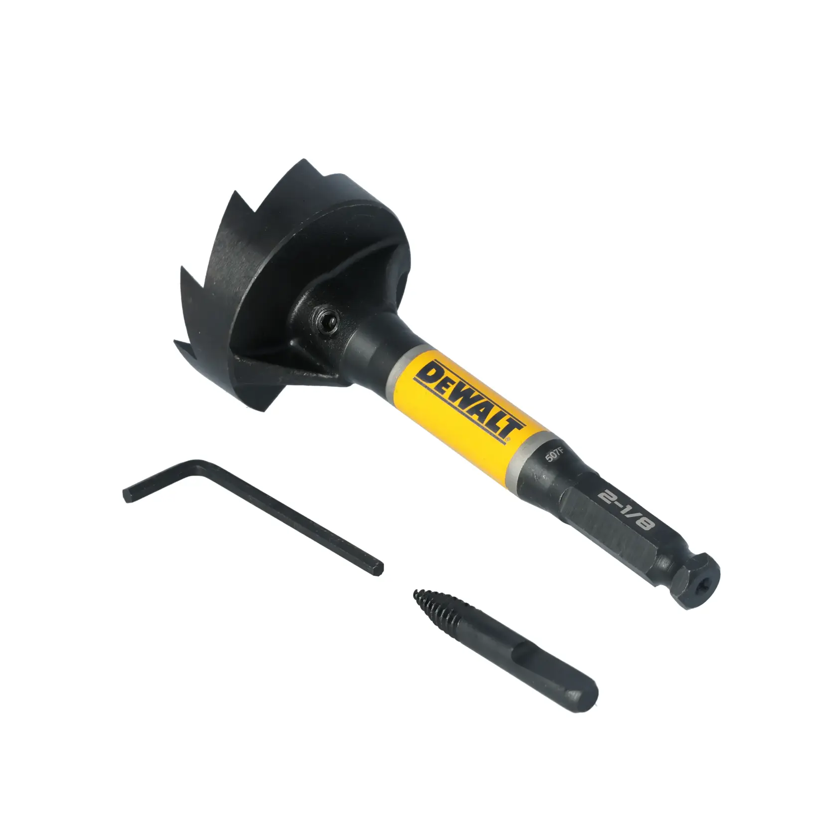 A DEWALT hole saw kit including a hole saw with a yellow and black handle, an Allen wrench, and a drill bit laid out on a white background.