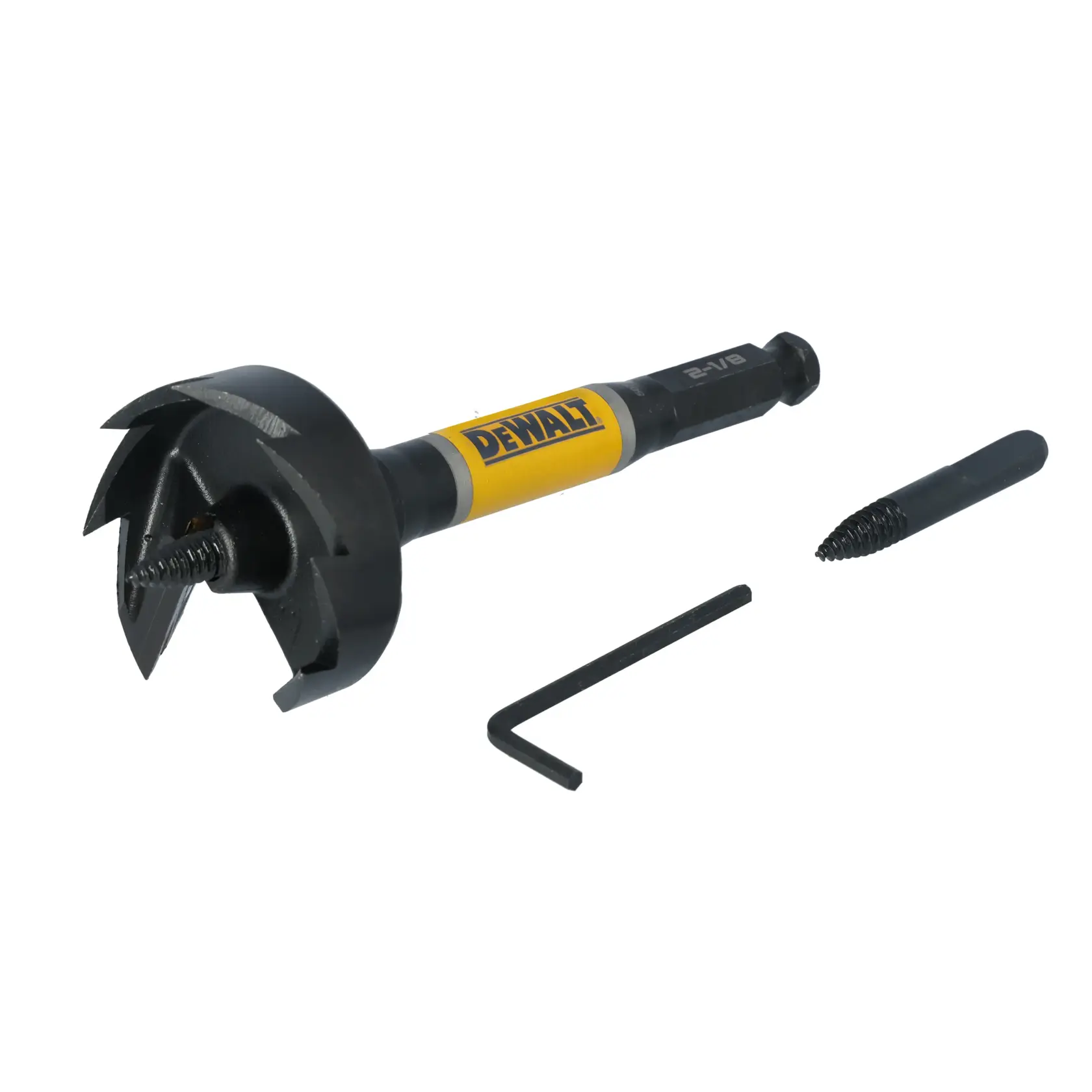 A DEWALT wood boring drill bit set featuring a large black drill bit with a yellow DEWALT label, a black hex key, and an additional black threaded bit, all displayed on a white background.