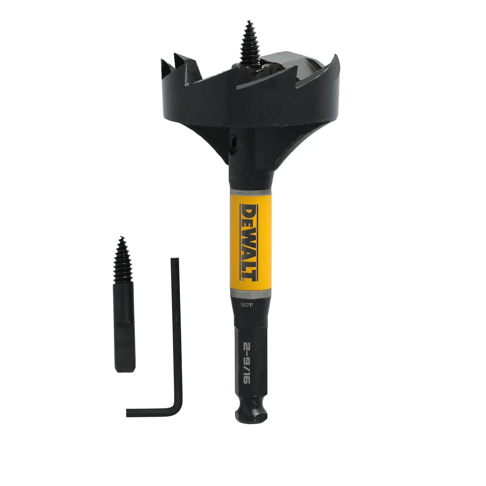 A DEWALT wood boring drill bit set including a large drill bit with a yellow DEWALT label, a separate screw tip, and an L-shaped hex key tool, all arranged against a white background.