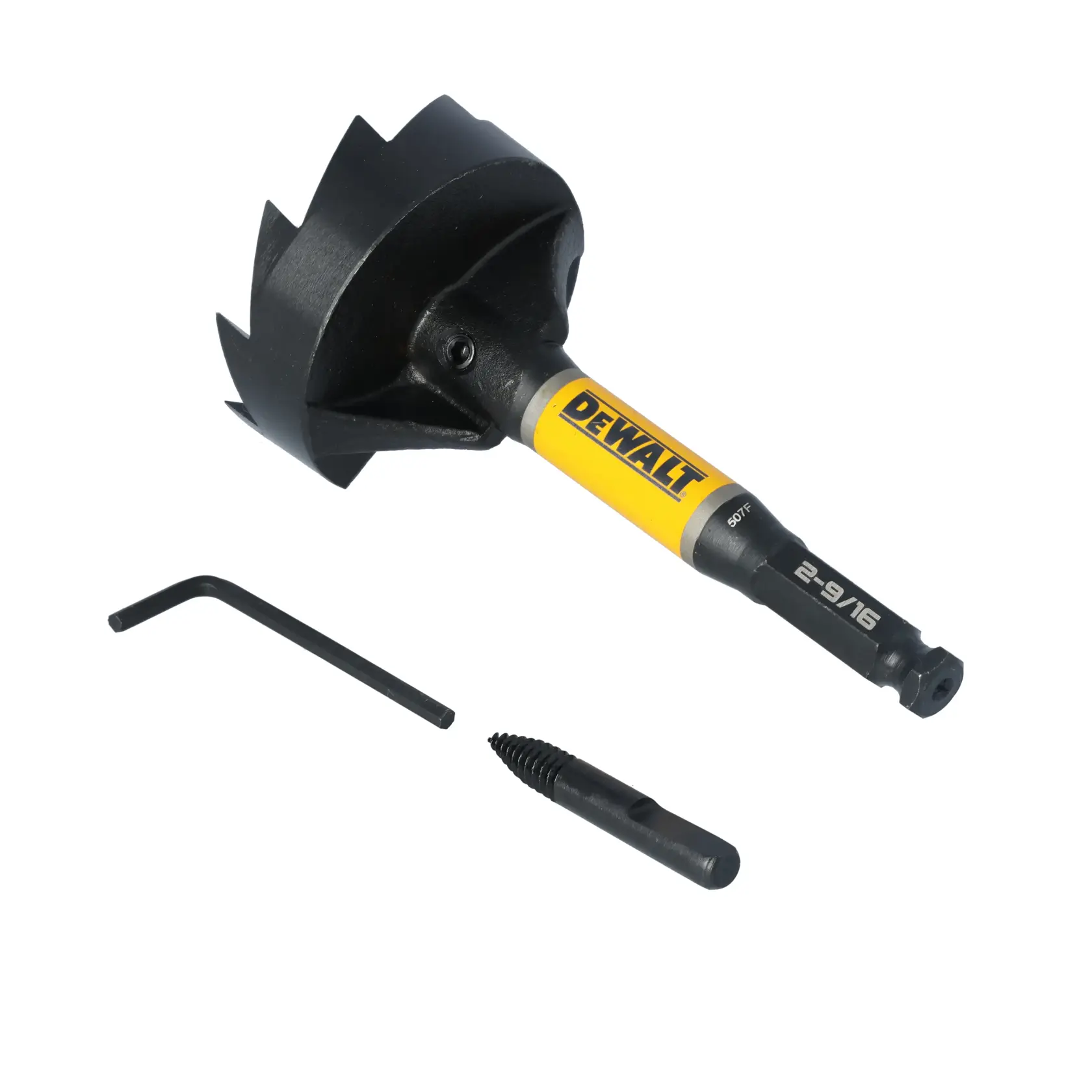DEWALT hole saw with a yellow and black handle, featuring a sharp circular cutting edge. The image also shows an L-shaped hex key and a separate drill bit accessory.