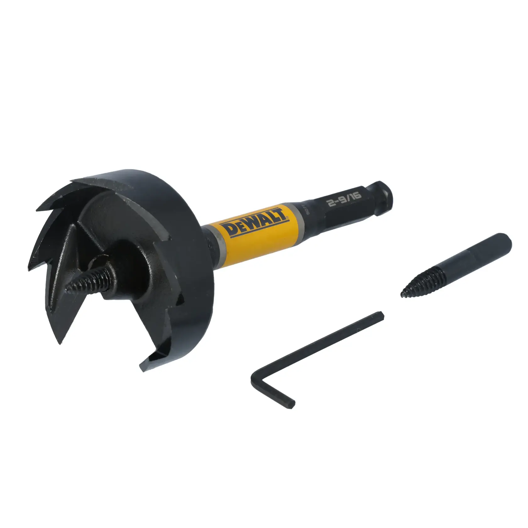 A DEWALT wood boring drill bit with a yellow and black shaft, accompanied by a spare threaded center bit and a hex key, shown against a white background.