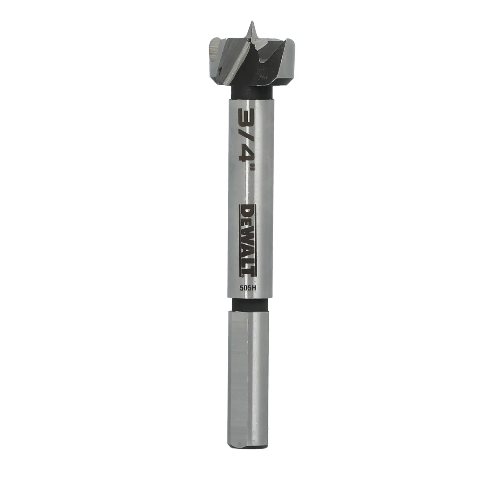 A DEWALT branded 3/4 inch Forstner drill bit, designed for precise wood drilling, with a cylindrical shank and sharp cutting edge.