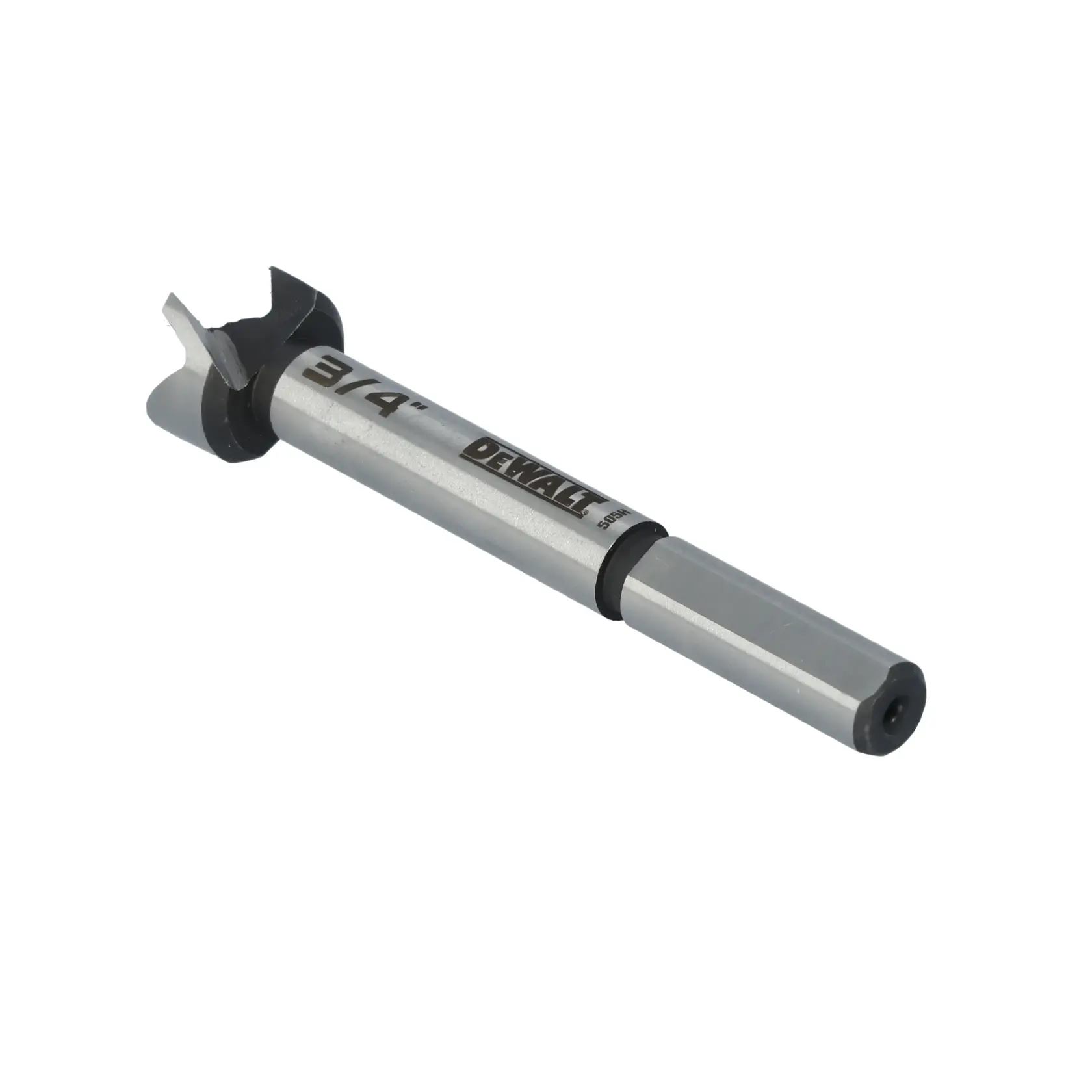 A DEWALT branded 3/4 inch Forstner drill bit designed for woodworking, shown against a white background.
