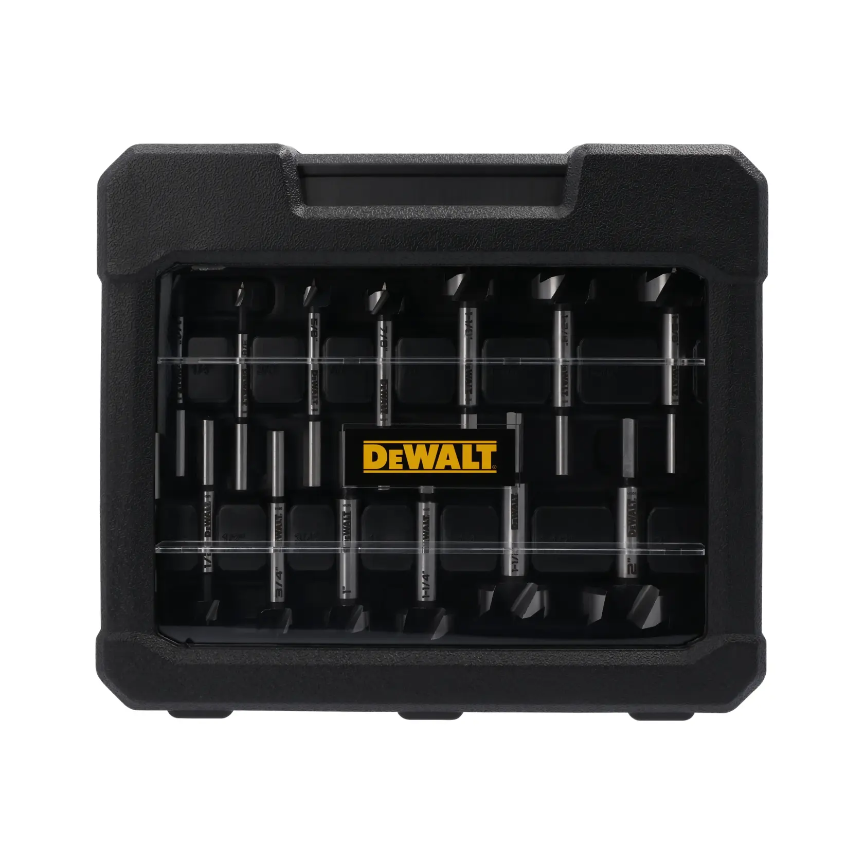 A black plastic case containing a set of DEWALT branded drill bits, neatly organized in rows. The DEWALT logo is prominently displayed on the front of the case.