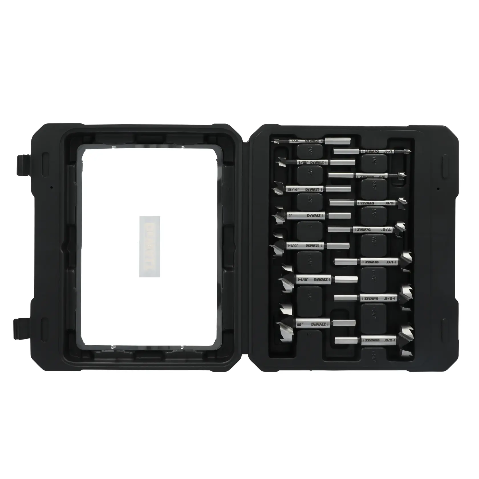 A DEWALT branded black plastic case opened to display a set of 14 Forstner drill bits arranged neatly in their slots. The left side of the case is empty except for a DEWALT logo in the center, while the right side holds the drill bits.