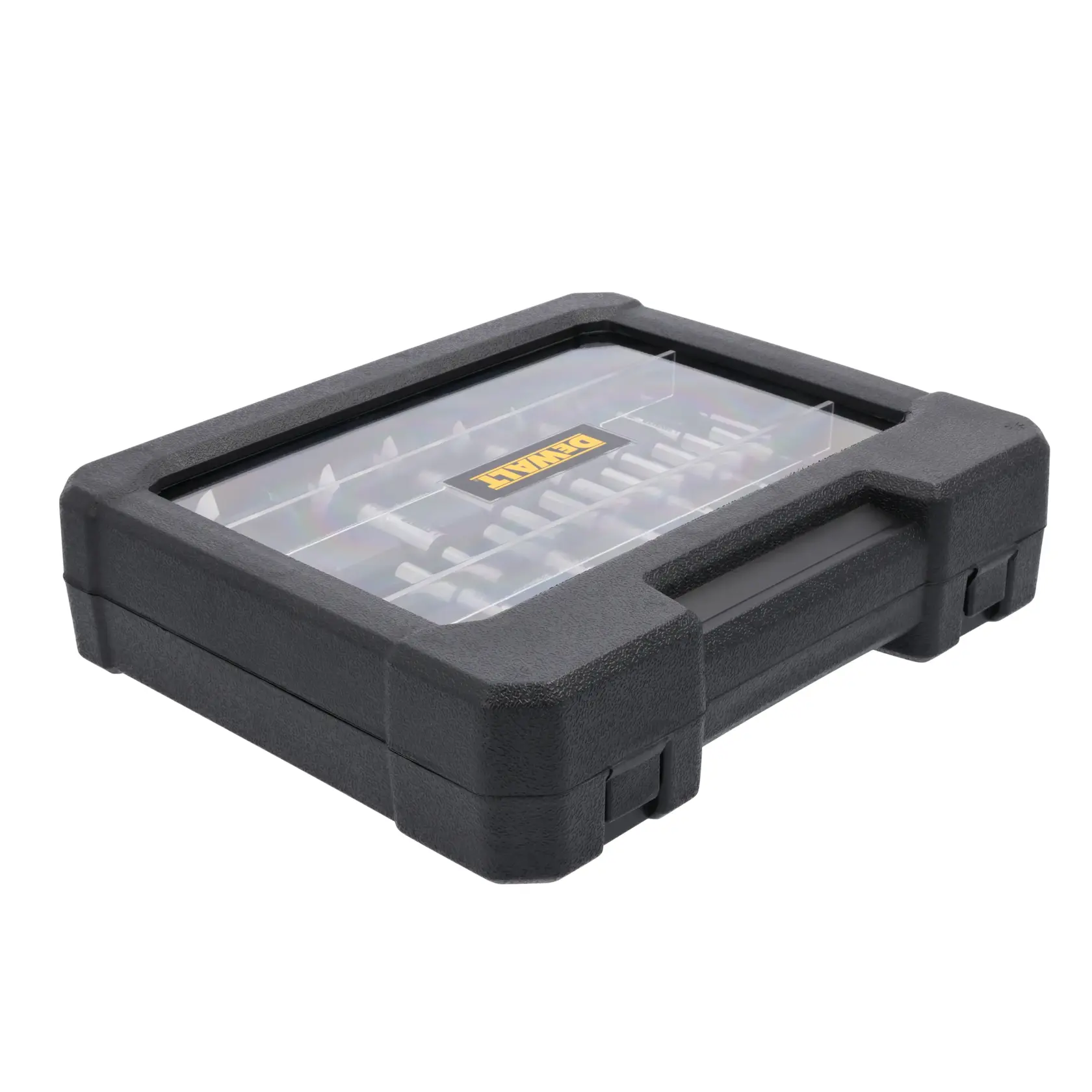 A black hard plastic storage case with a transparent lid, containing a set of drill bits. The case has a handle and the DEWALT logo is visible inside.