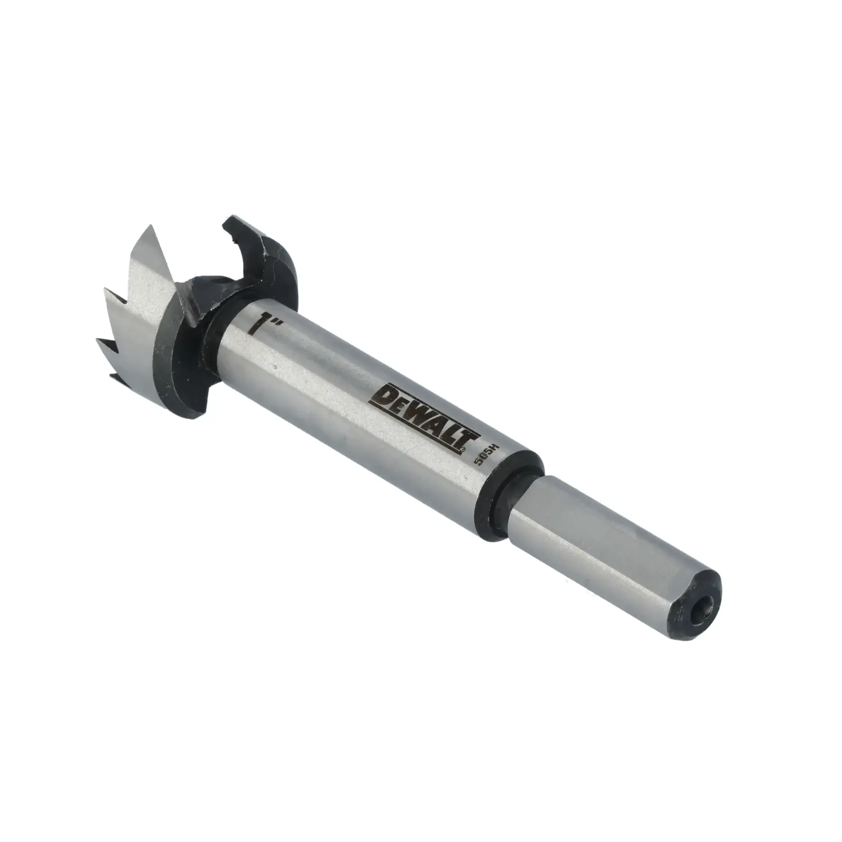 A DEWALT branded Forstner drill bit with a sharp cutting edge, designed for woodworking and precision boring.