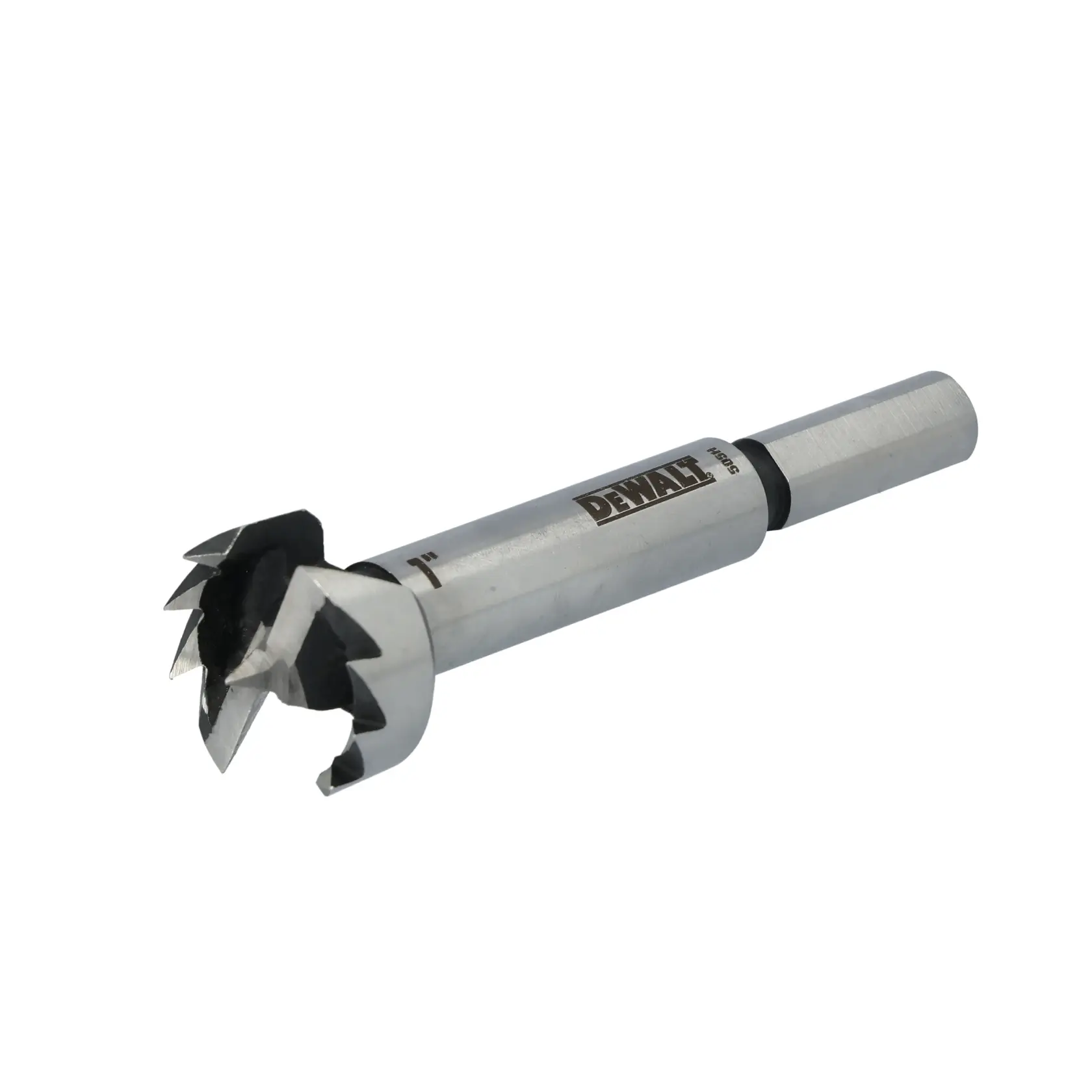 A DEWALT branded Forstner drill bit with sharp cutting edges, designed for precise wood drilling.