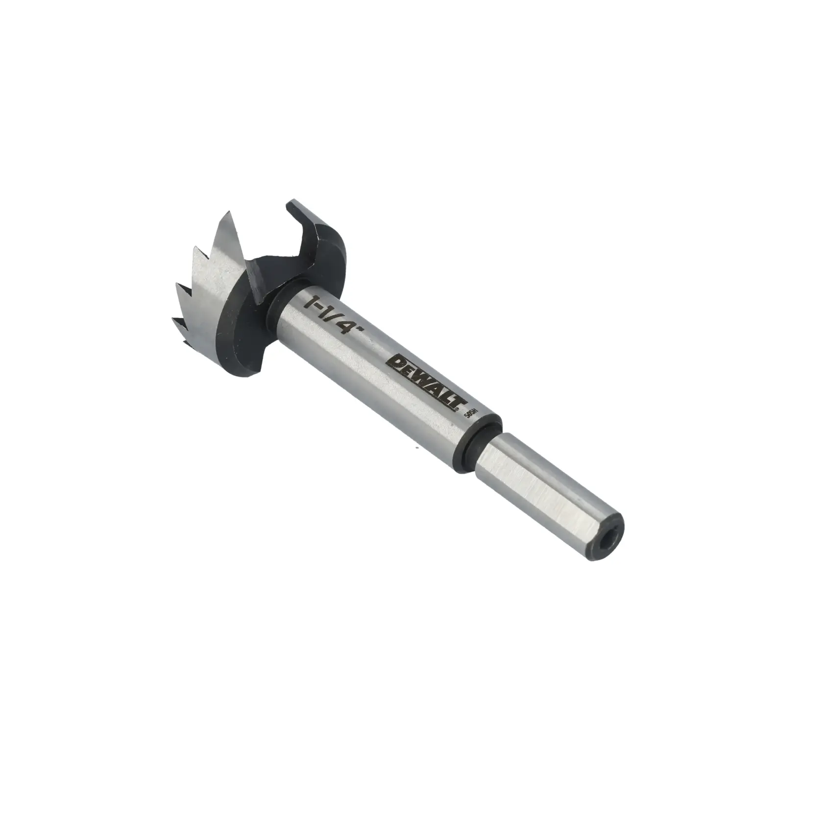 A DEWALT Forstner drill bit with a sharp cutting edge and cylindrical shank, labeled 1-1/4 inch, isolated on a white background.