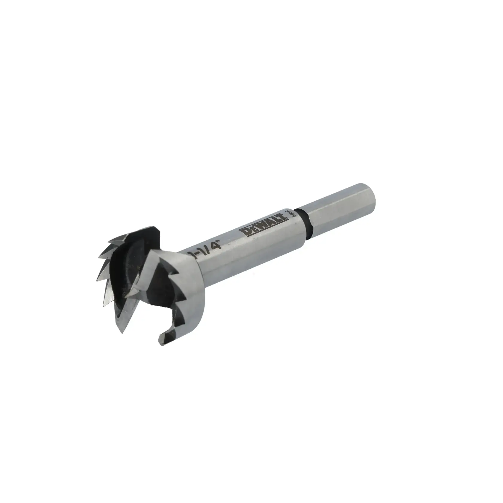 A DEWALT brand Forstner drill bit with a hex shank, designed for precise wood drilling. The bit has sharp cutting edges and is shown isolated on a white background.