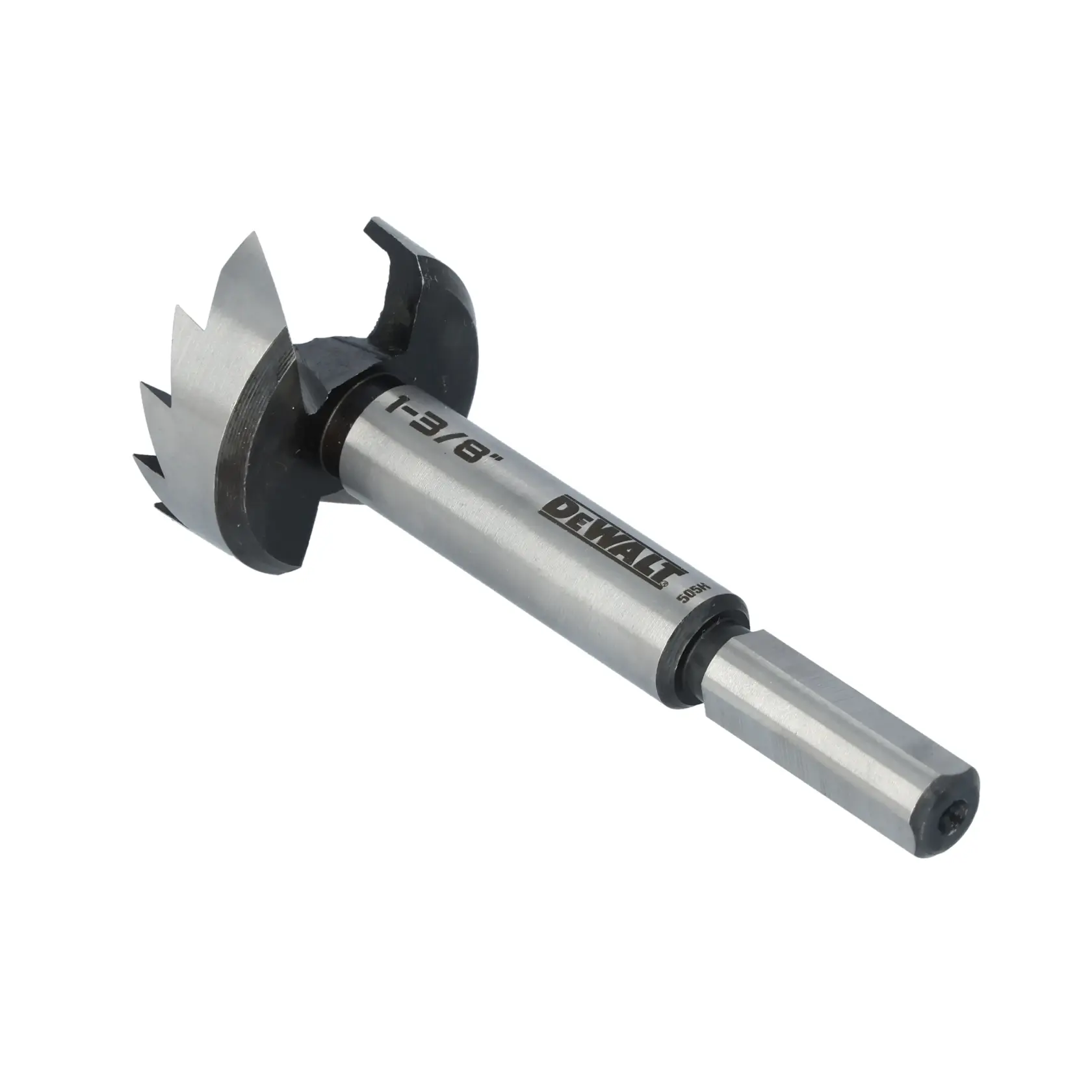 A DEWALT branded metal Forstner drill bit with a 1-3/8 inch cutting size, shown isolated on a white background.