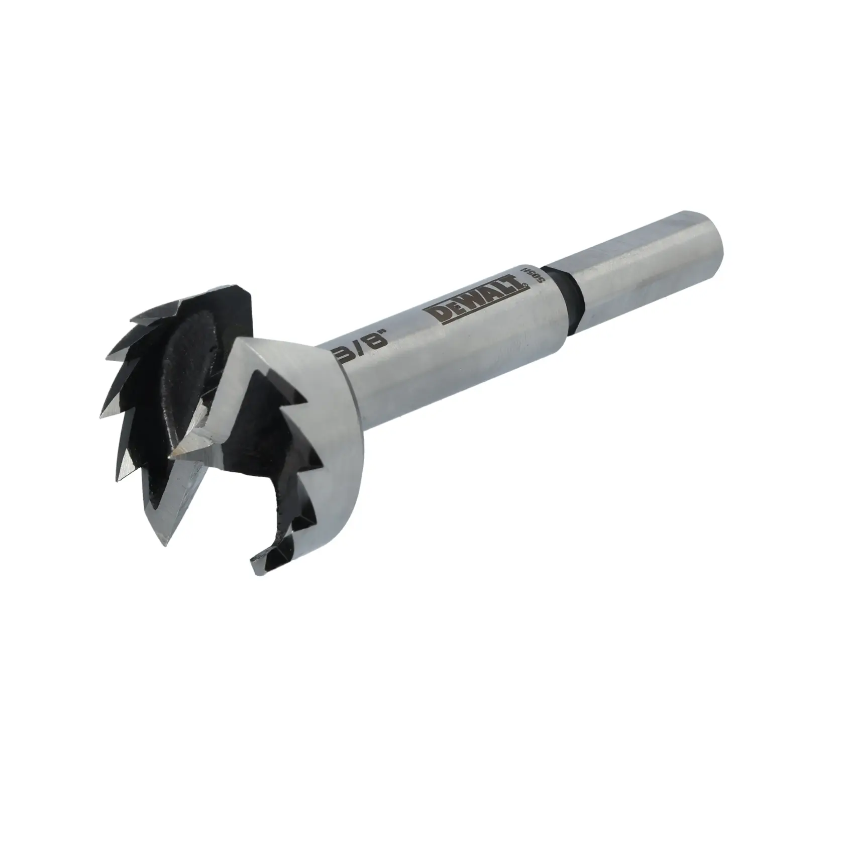 A DEWALT branded Forstner drill bit with sharp serrated edges, designed for precise wood boring.