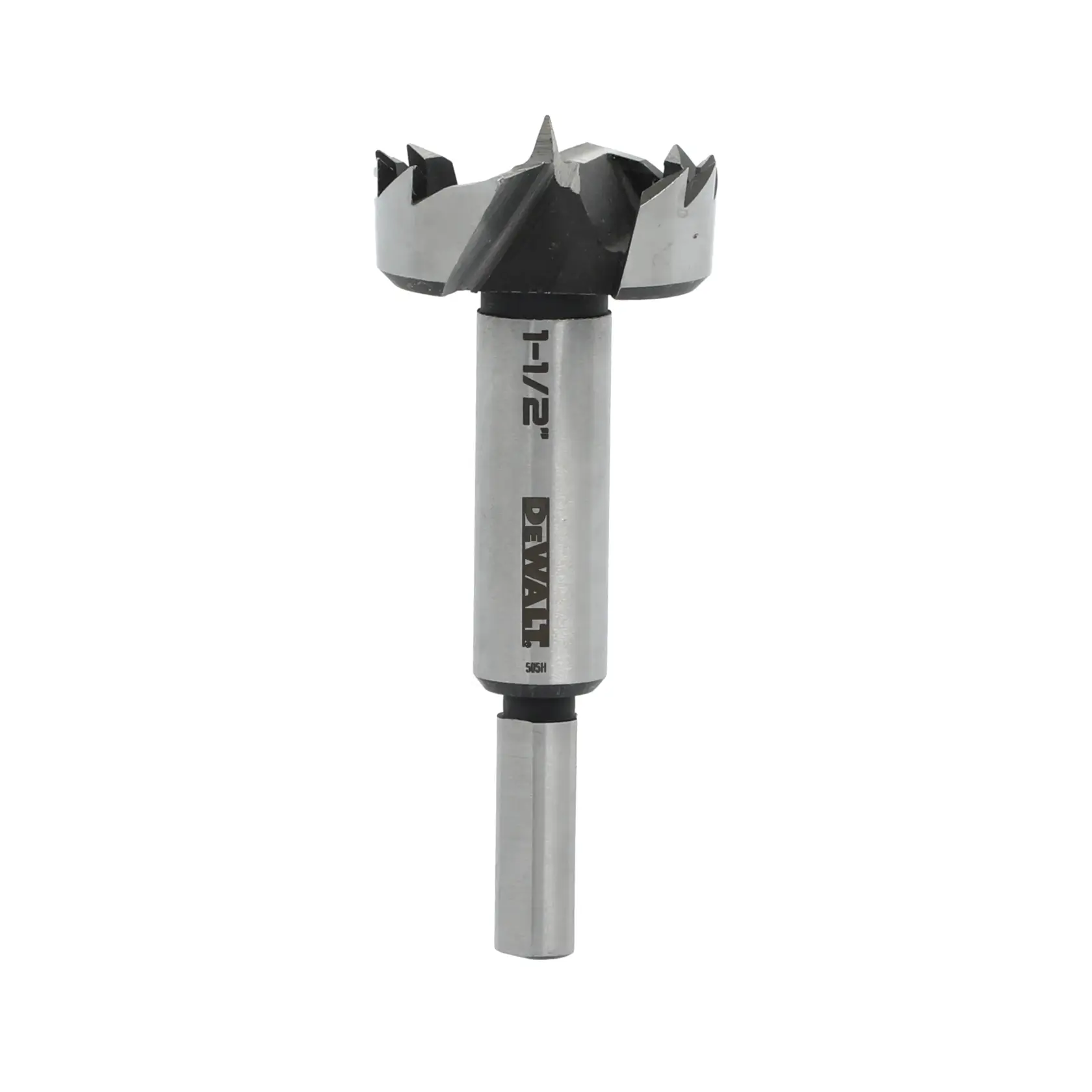A DEWALT 1-1/2 inch Forstner drill bit with a silver shaft and black cutting edge, designed for precise wood boring.