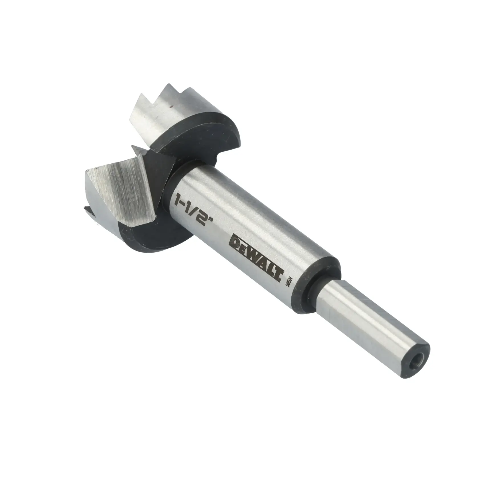 A DEWALT branded Forstner drill bit, size 1-1/2 inch, made of metal and shown against a white background.