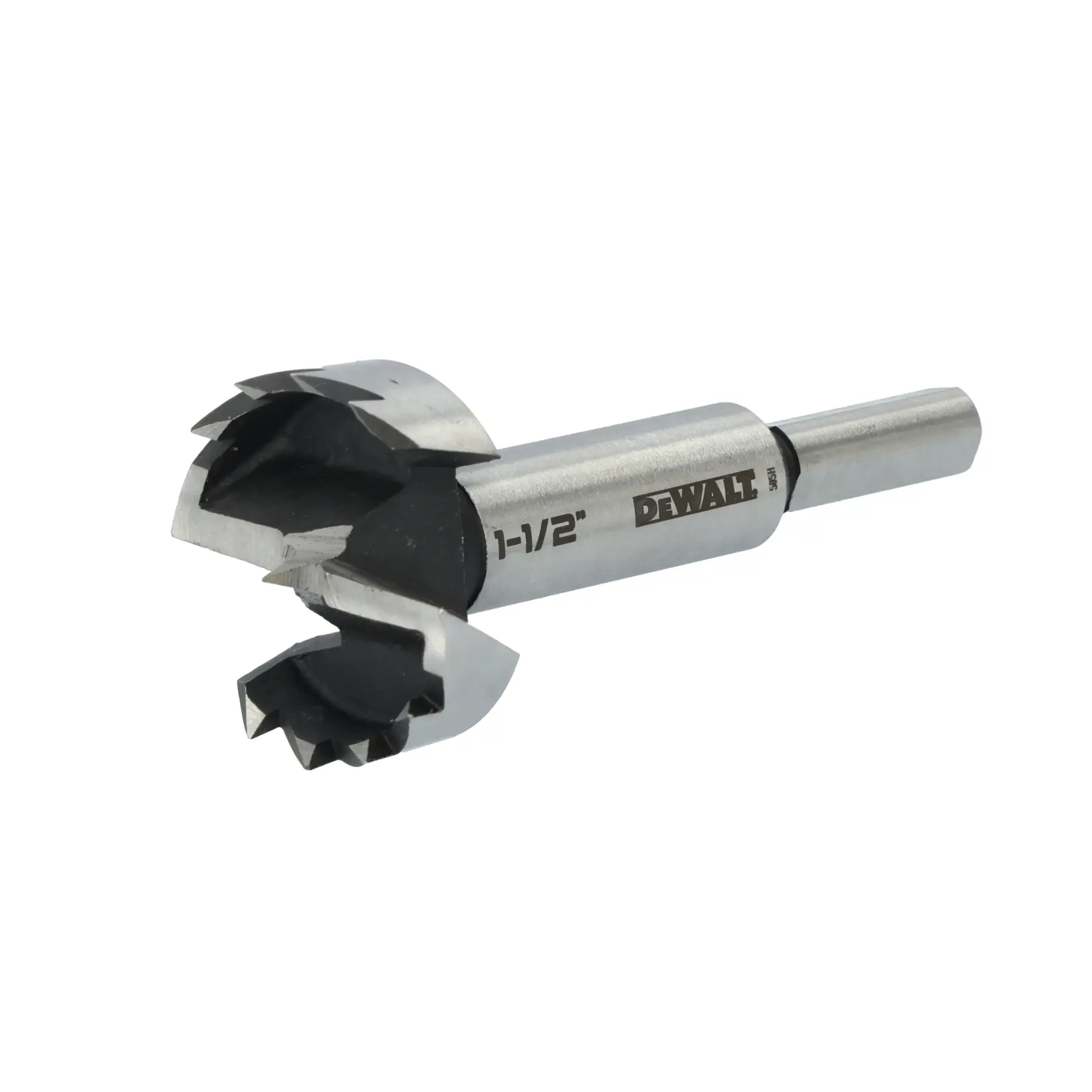 A close-up image of a DEWALT 1-1/2 inch Forstner drill bit, used for woodworking and precision drilling applications.