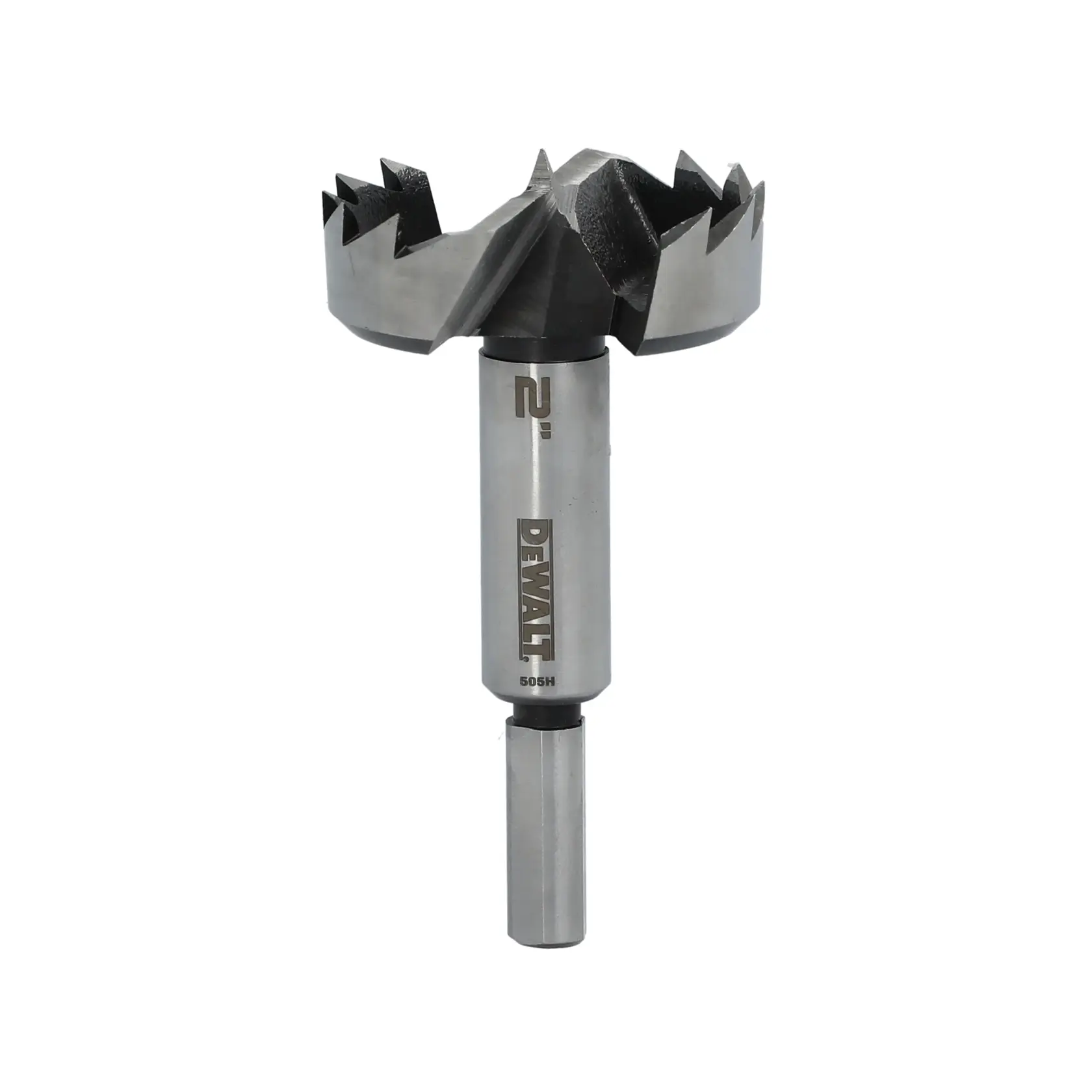 A DEWALT branded Forstner drill bit with a 2-inch diameter. The bit features sharp cutting edges for creating precise, flat-bottom holes in wood.