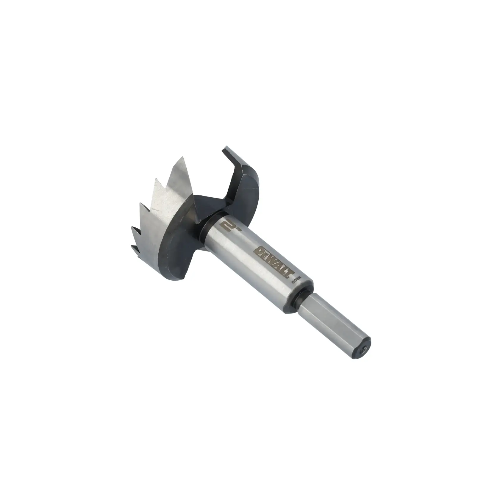 A DEWALT brand Forstner drill bit with sharp cutting edges and a cylindrical shank, designed for woodworking.