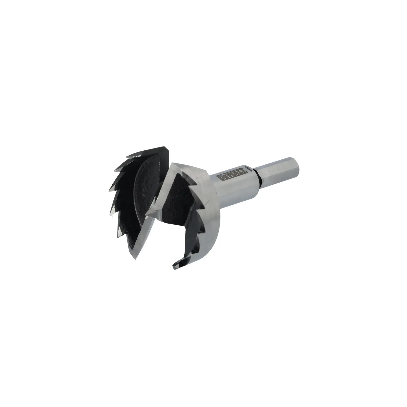 A DEWALT branded woodworking drill bit with a serrated cutting edge, designed for creating large holes in wood. The bit has a cylindrical metal shank and toothed cutter heads.