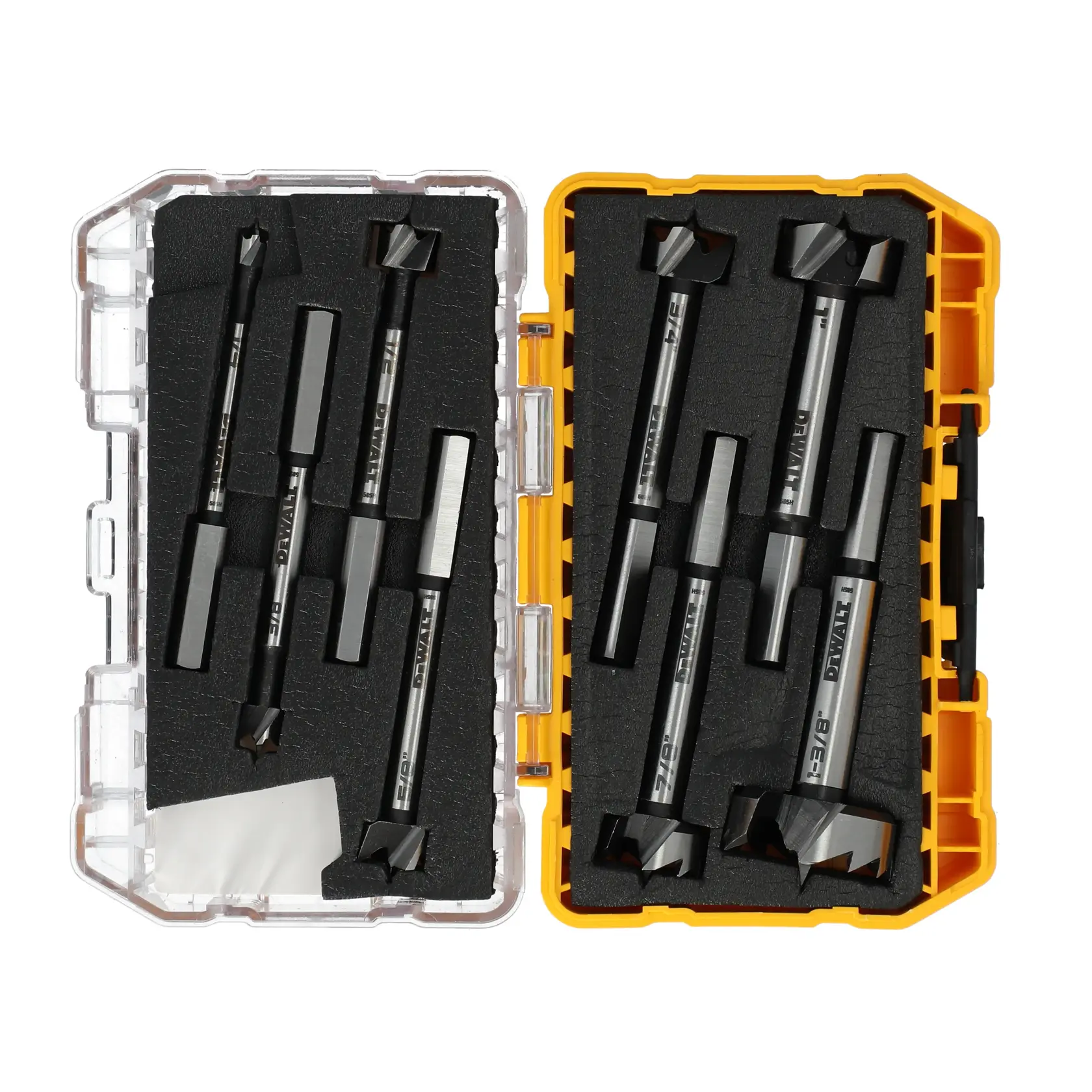 A DEWALT branded 8-piece drill bit set in a yellow and transparent plastic case. The bits are organized in two rows within black foam, each with a flat blade tip, suitable for woodworking tasks.