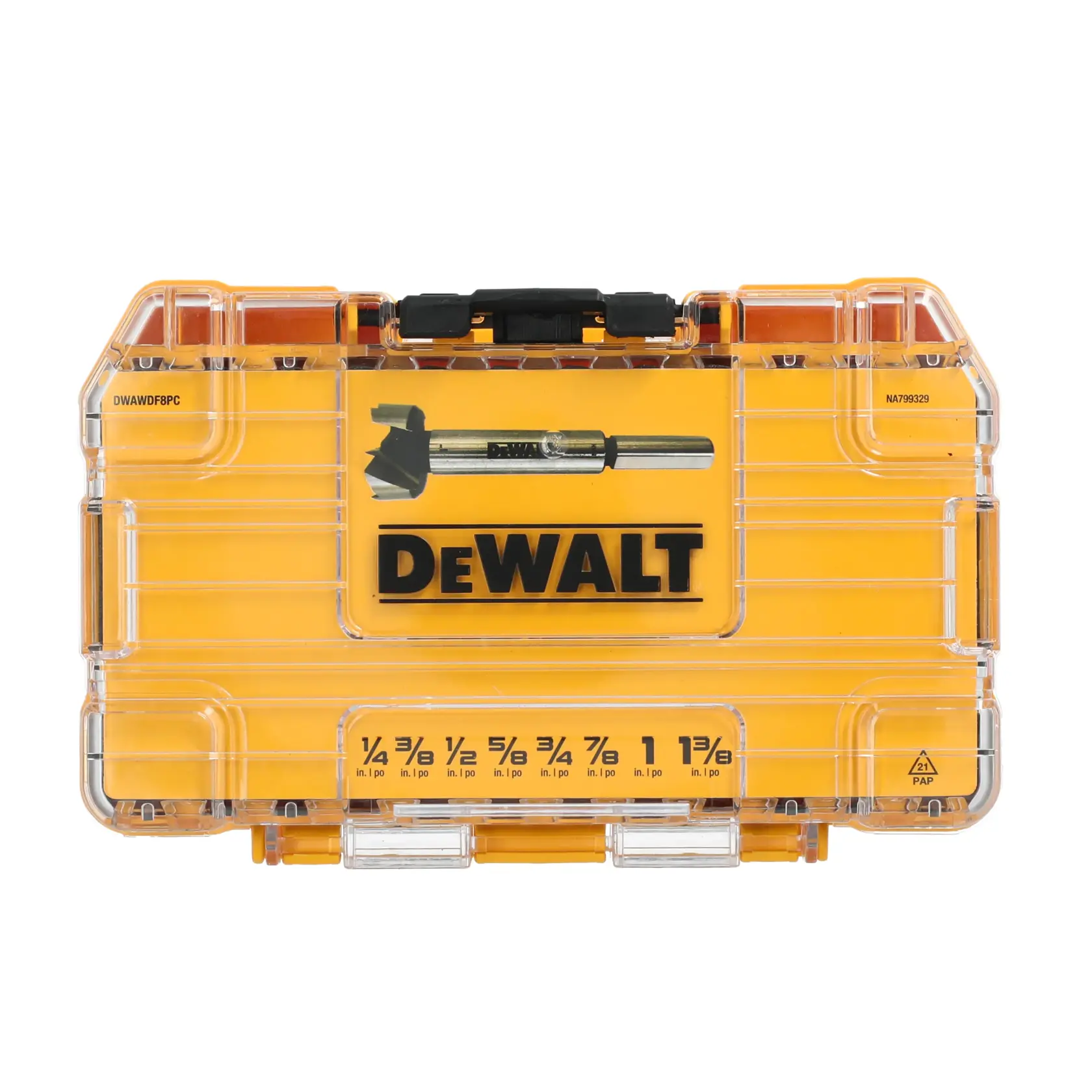 A DEWALT branded yellow and clear plastic case containing a set of drill bits, with sizes labeled from 1/4 inch to 1-3/8 inch. The case has a black latch and an image of a drill bit on the front.
