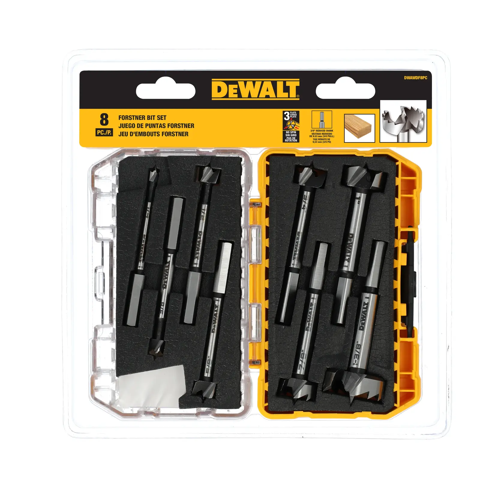 DEWALT Forstner bit set containing 8 pieces, shown in a plastic case with black foam insert. The bits are organized in two rows and the packaging features the DEWALT brand logo and product details.