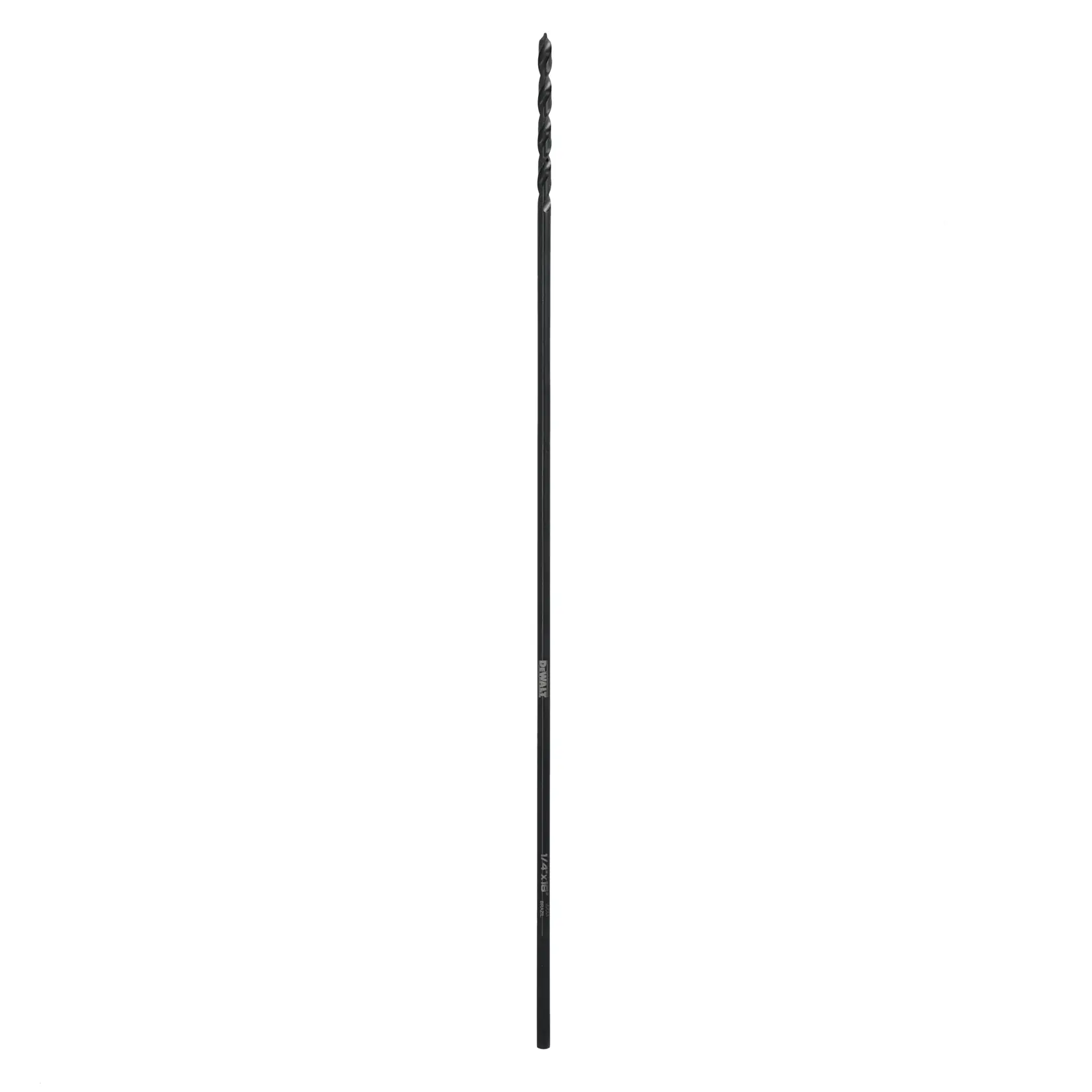 A single long black drill bit with a spiral tip, photographed on a white background.