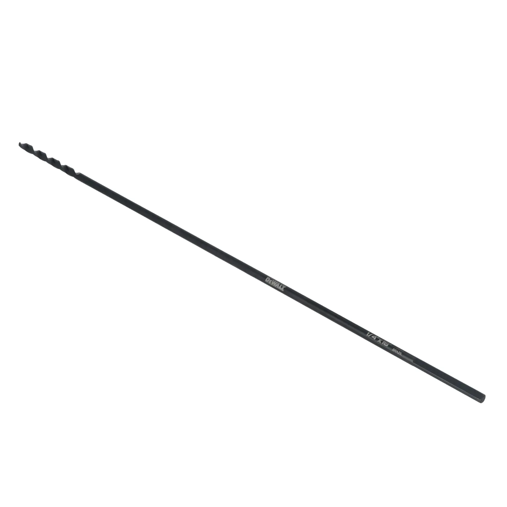 A DEWALT long, slender black drill bit with a spiral tip, displayed on a white background.