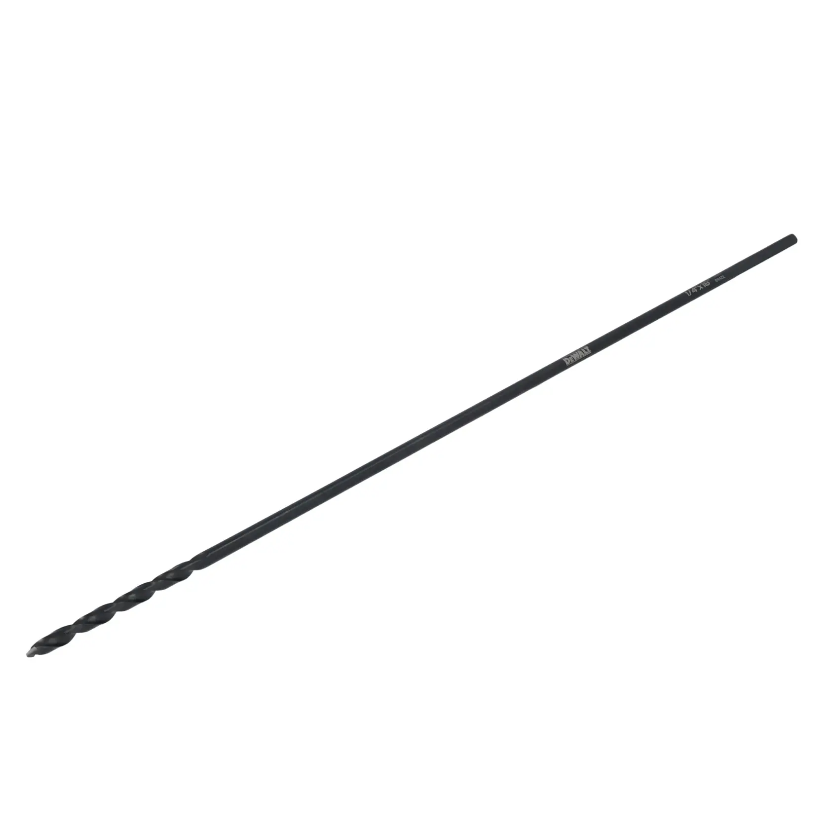 A DEWALT extra-long black drill bit, shown against a white background. The bit has spiral fluting along its length for efficient drilling.