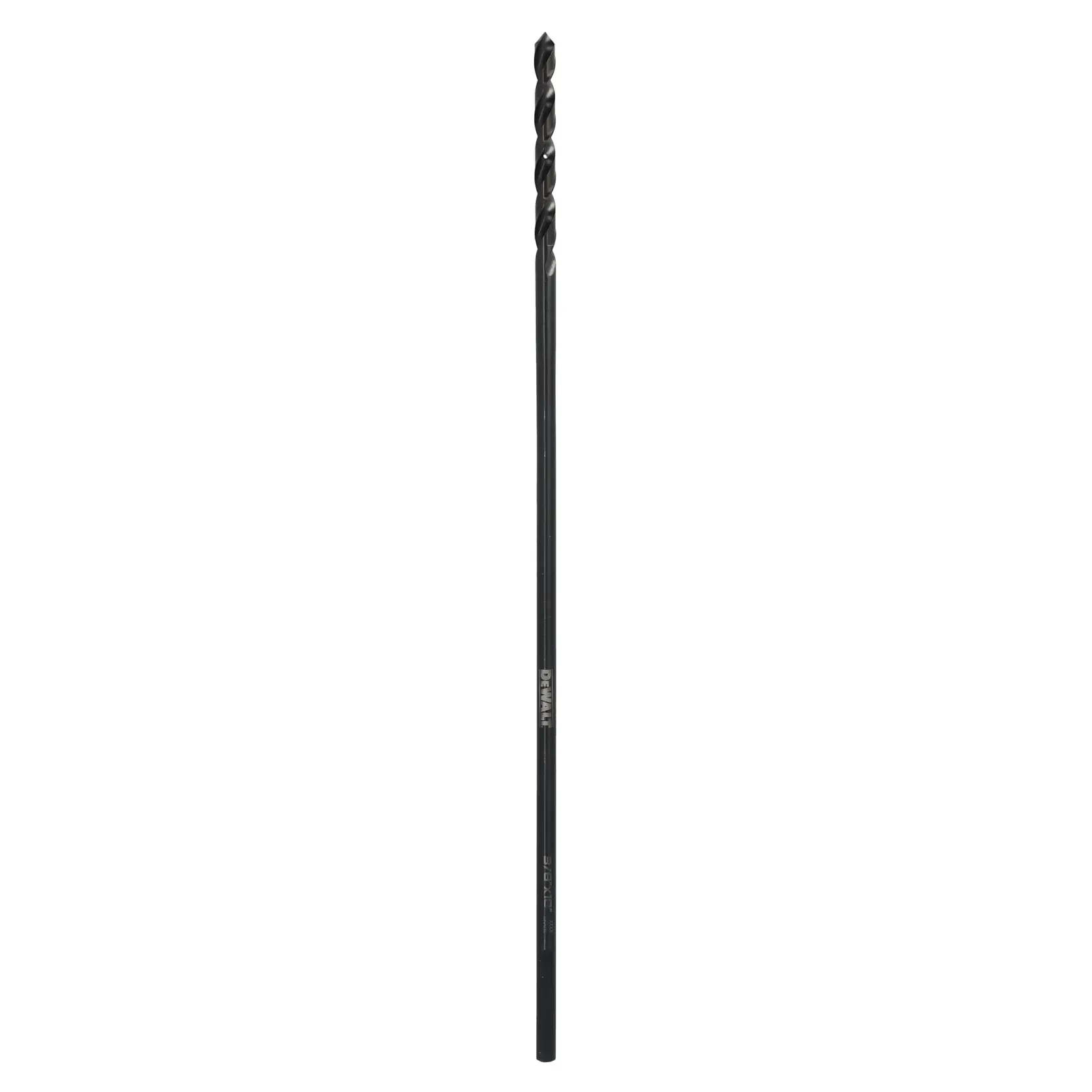 A single long black drill bit with spiral grooves, photographed on a white background.