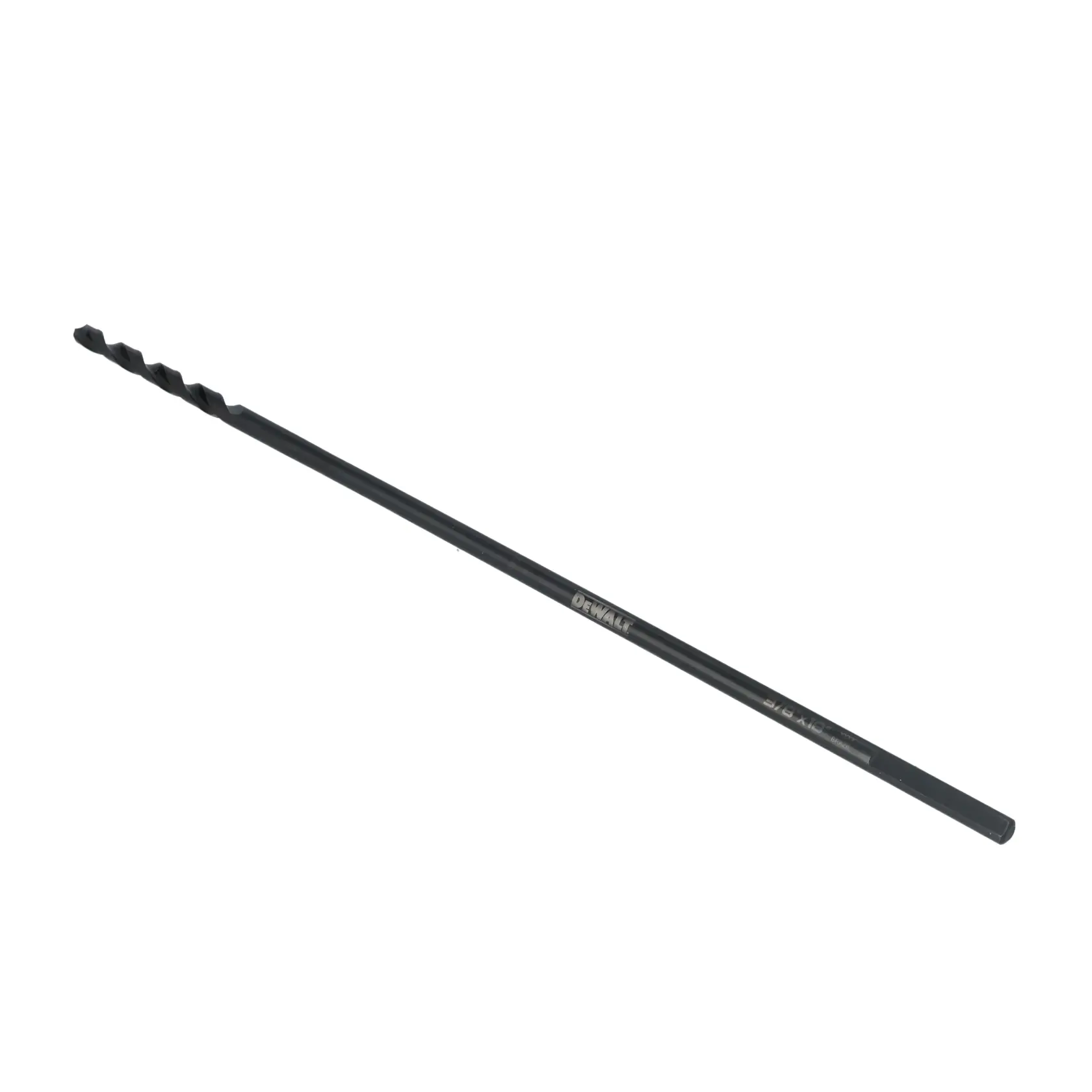 A DEWALT brand long black drill bit with a spiral flute, photographed on a white background.