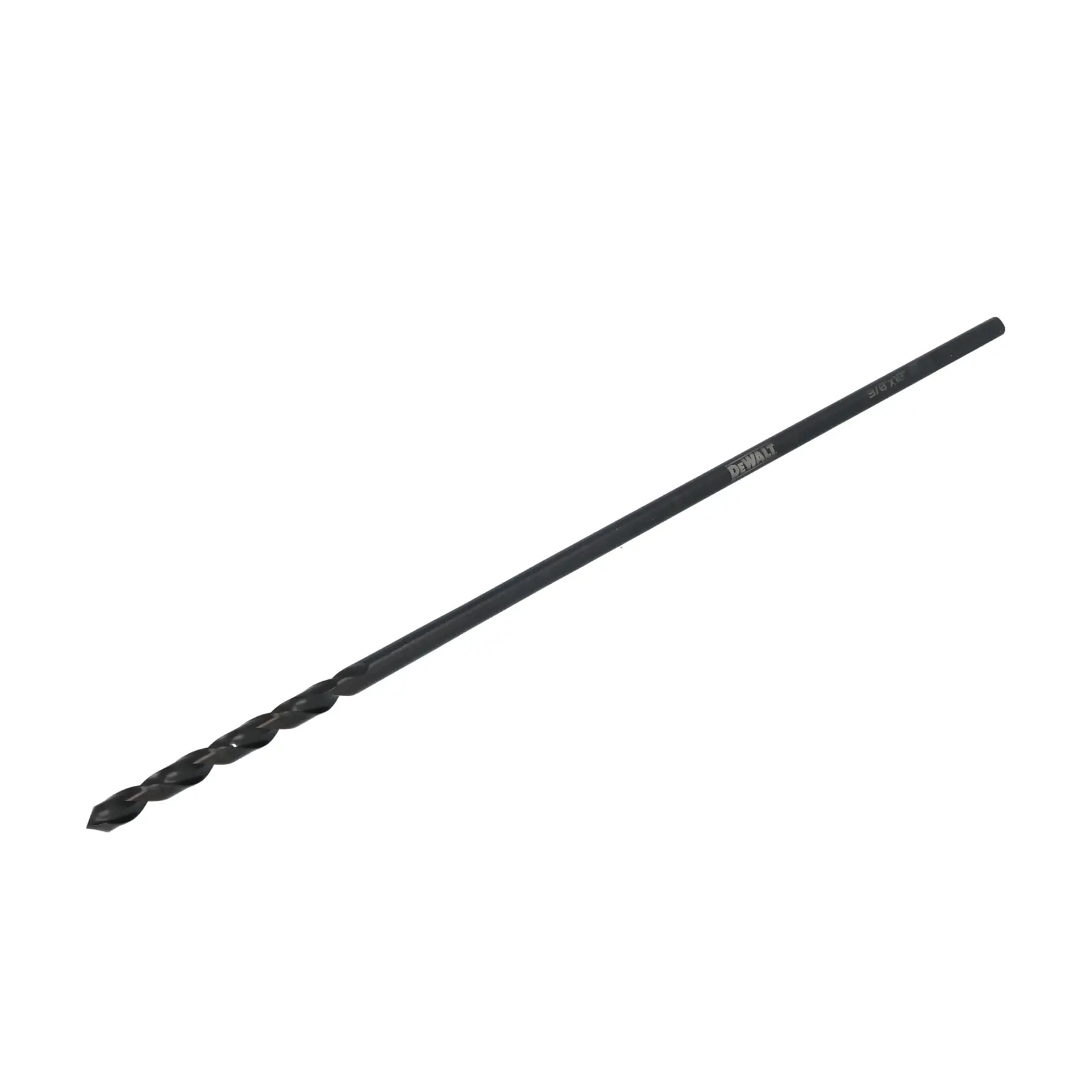 A single black DEWALT drill bit with a long, narrow shaft and spiral tip, shown on a plain white background.