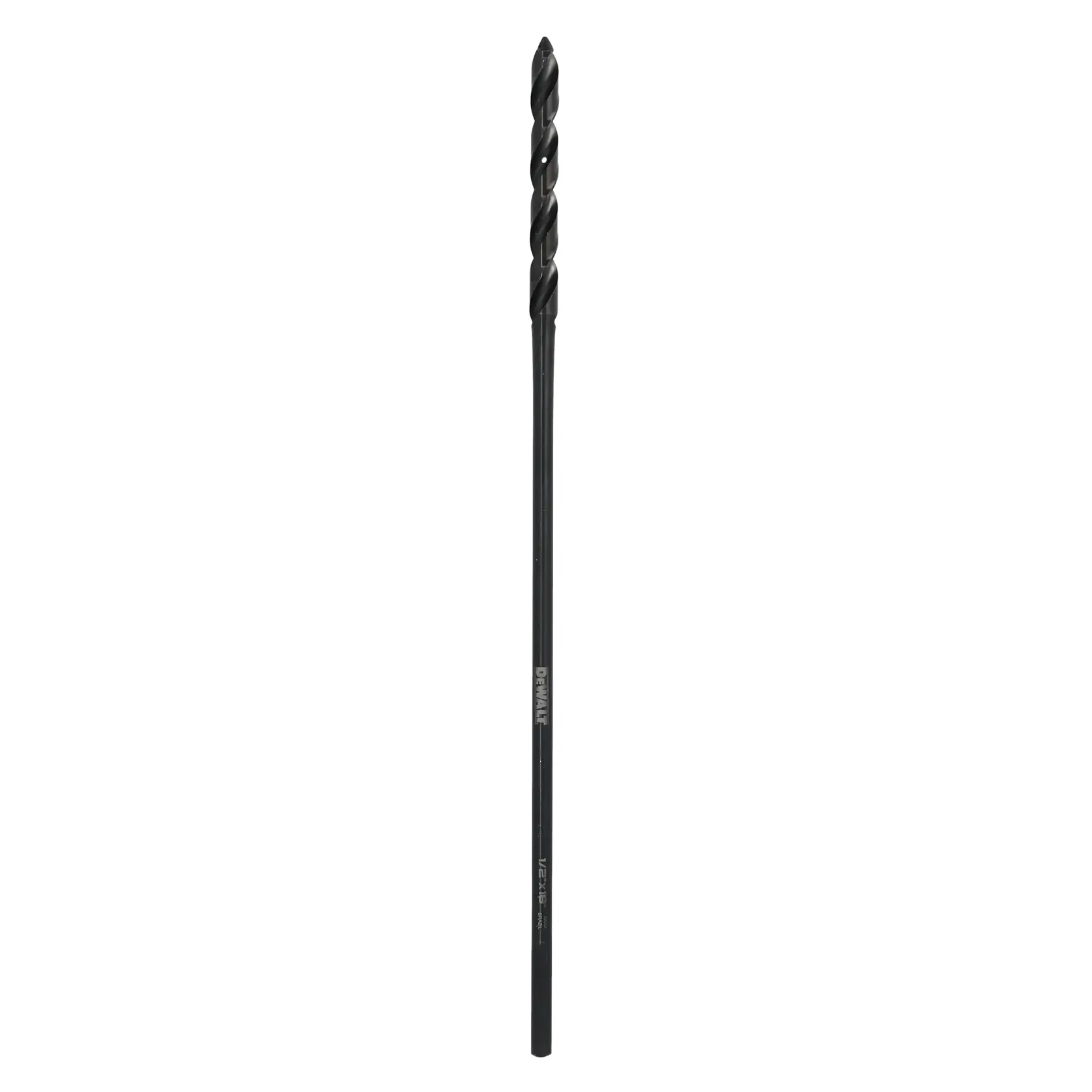 A single black drill bit with a twisted design, photographed on a white background.
