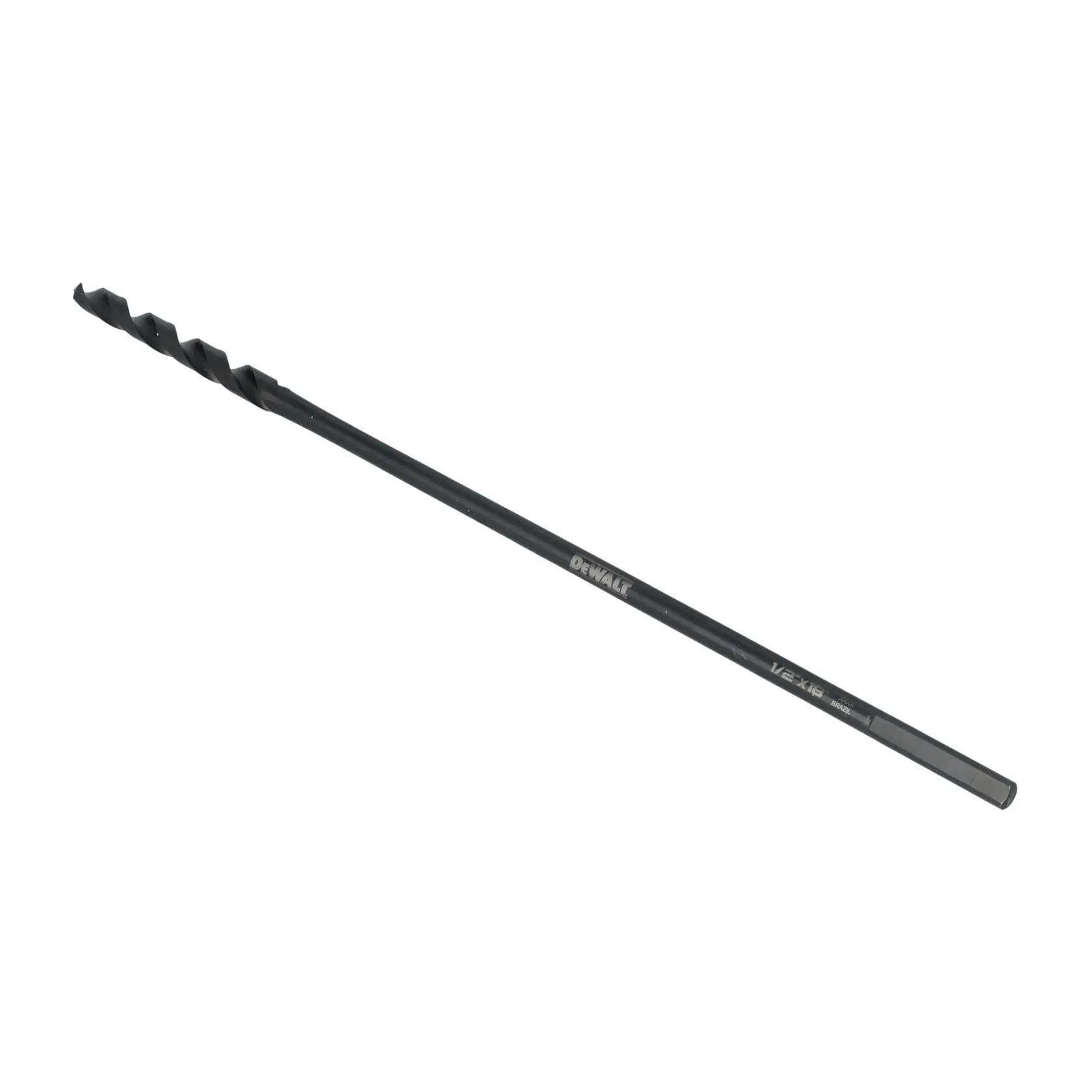 A single DEWALT black drill bit with a long shaft and spiral tip, designed for use with drills.