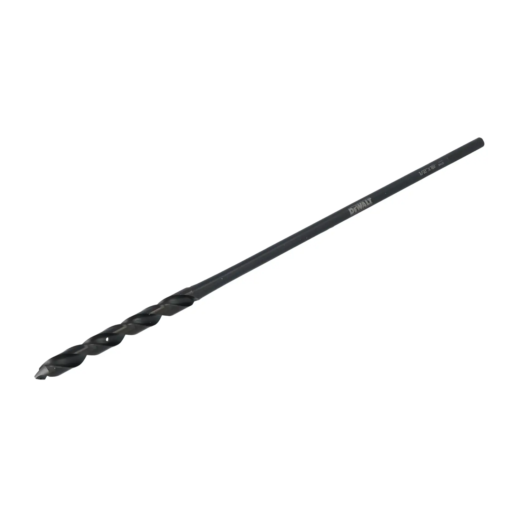 A single DEWALT black oxide drill bit with a long shaft, shown against a white background.