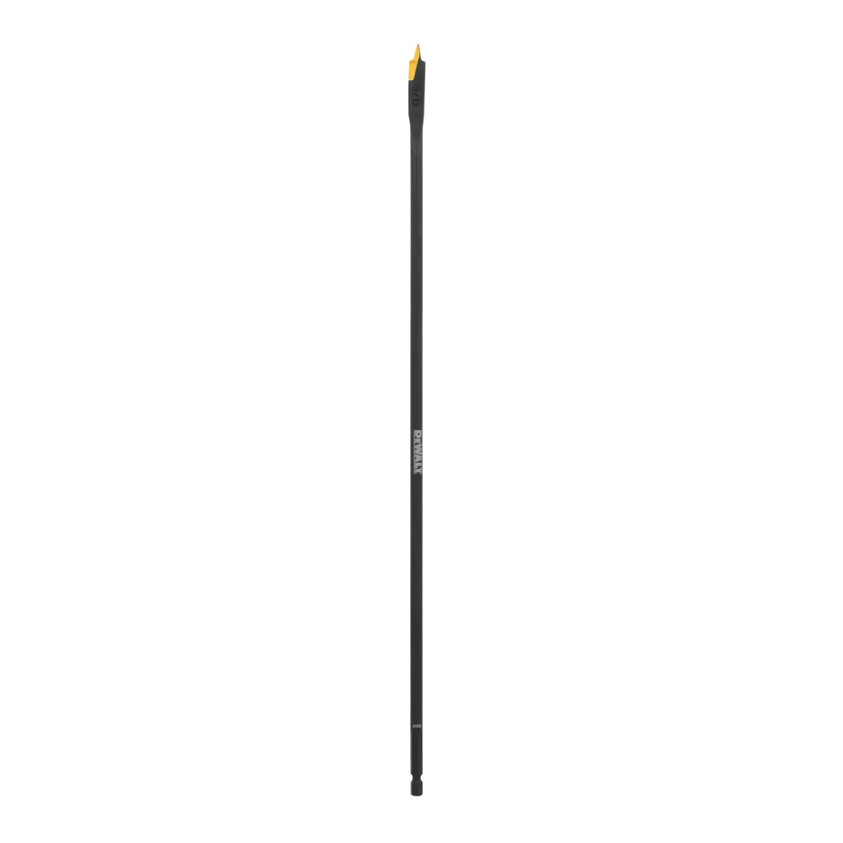 A DEWALT long black drill bit with a yellow tip, shown vertically against a white background.