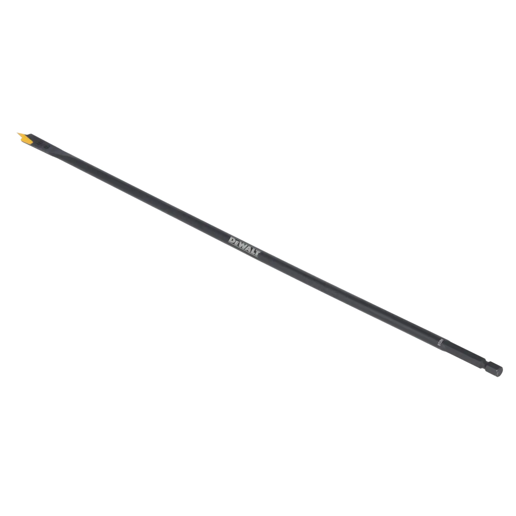 A DEWALT branded black flexible drill bit extension rod with a yellow tip, designed for use with power drills.