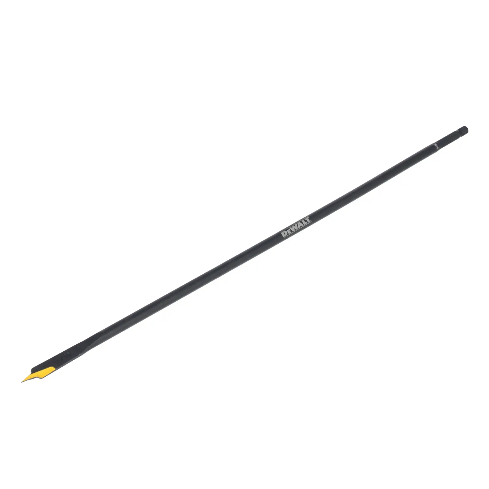 A single long, black flexible drill bit with a yellow tip, branded DEWALT, displayed on a white background.