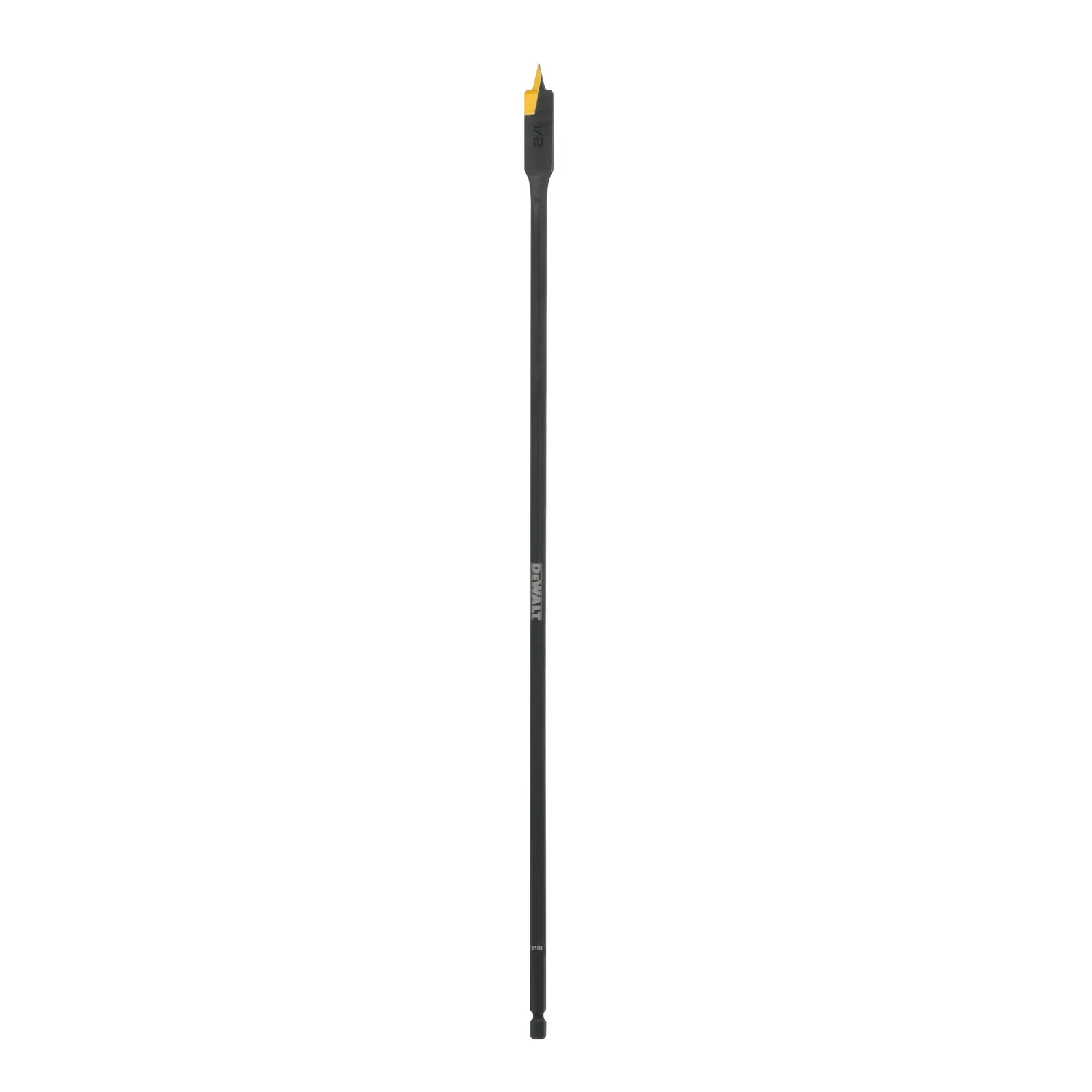 A DEWALT extra long spade drill bit with a yellow tip, used for woodworking and drilling large holes, shown on a white background.