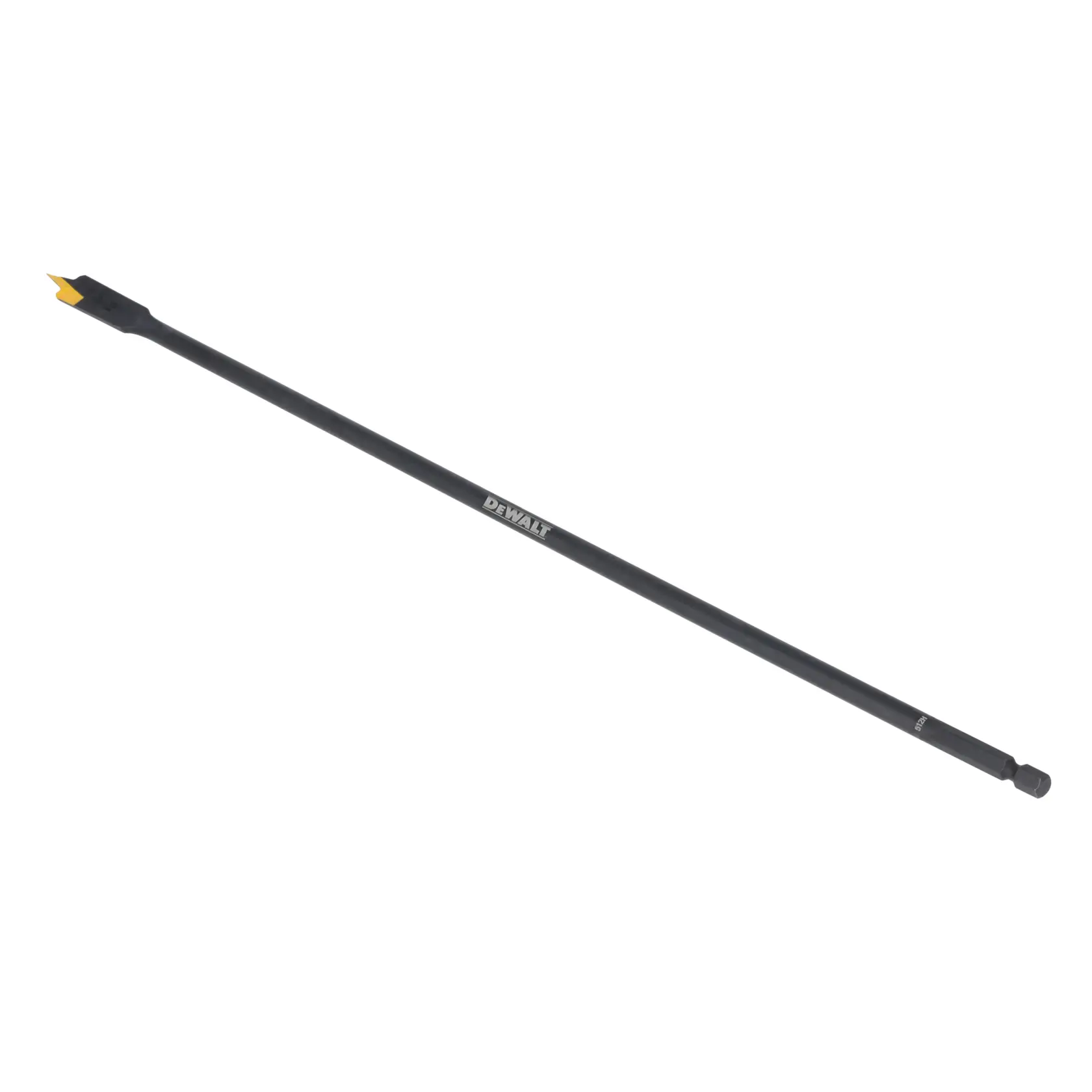 A DEWALT long black drill bit with a flat spade end and yellow tip, designed for boring holes in wood.